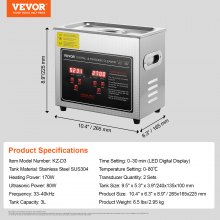 VEVOR ultrasoonreiniger ultrasoon roestvrijstalen reinigingsapparaat 172 W, 3 L ultrasoon reinigingsapparaat met digitaal display 0-30 minuten, ultrasoon reinigen voor sieraden, brillen, horloges enz.