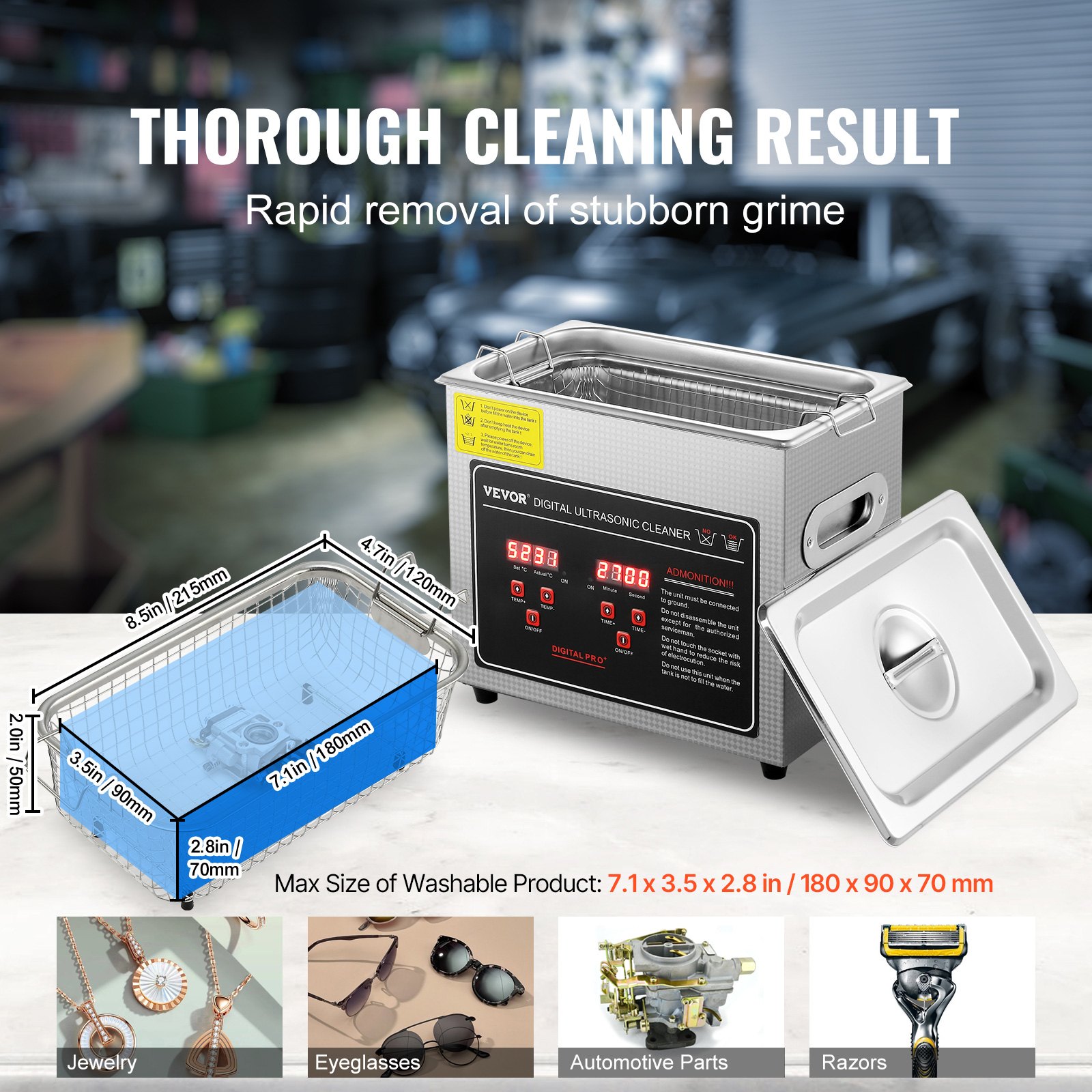VEVOR ultrasone reiniger, ultrasoon reinigingsapparaat van roestvrij staal, 150 W, 3 liter ultrasoon reinigingsapparaat met digitaal display, 0-30 min, ultrasoon reinigen voor sieraden, brillen, horloges, enz.