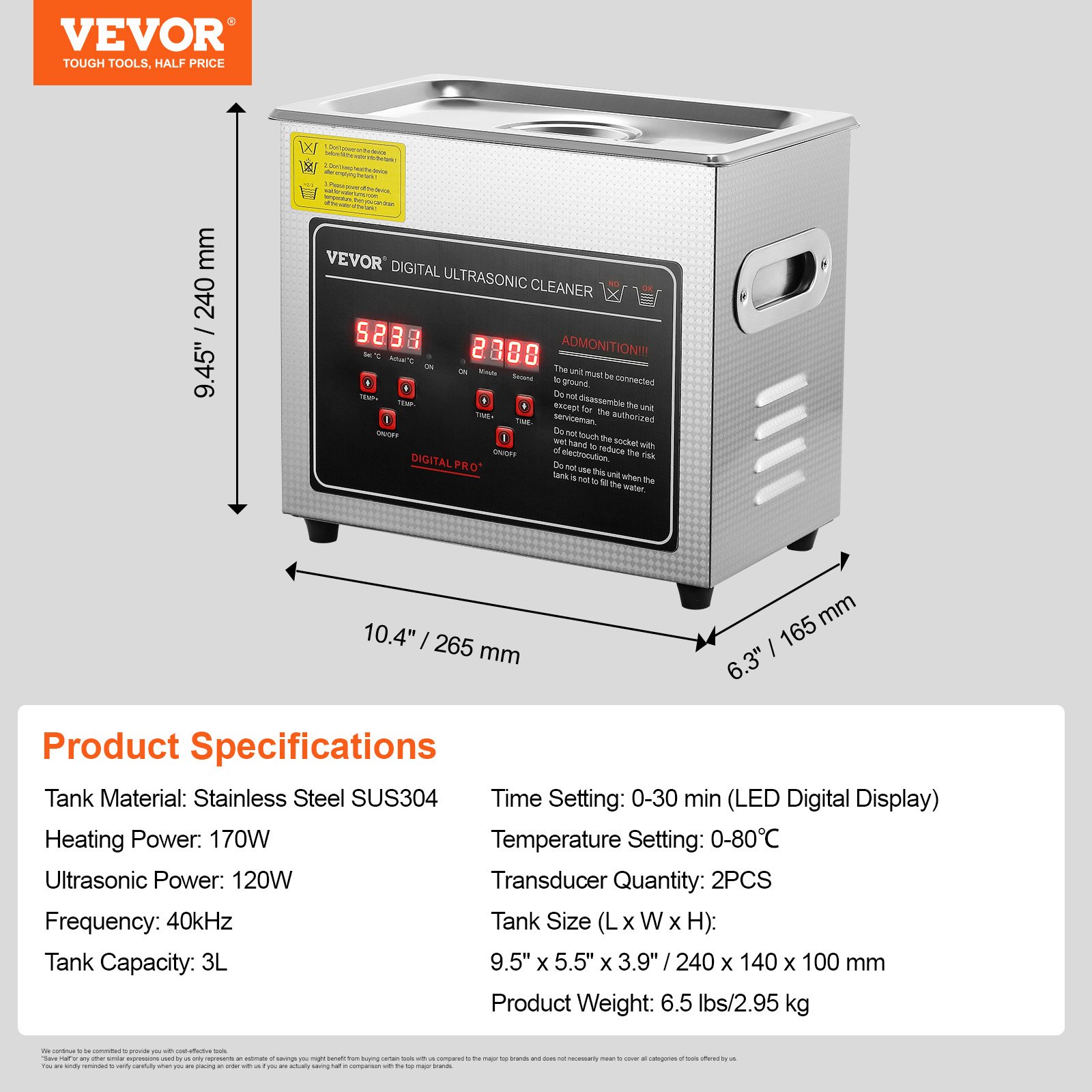 VEVOR ultrasone reiniger, ultrasoon reinigingsapparaat van roestvrij staal, 150 W, 3 liter ultrasoon reinigingsapparaat met digitaal display, 0-30 min, ultrasoon reinigen voor sieraden, brillen, horloges, enz.