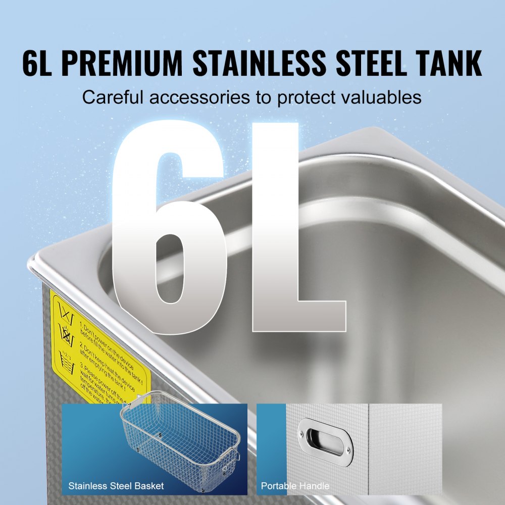 VEVOR Ultrasoon reiniger Ultrasoon reinigingsapparaat voor roestvrij staal 300W, 6L Ultrasoon reinigingsapparaat met digitaal display 0-30 min, ultrasoon reinigen van sieraden, brillen, horloges etc.