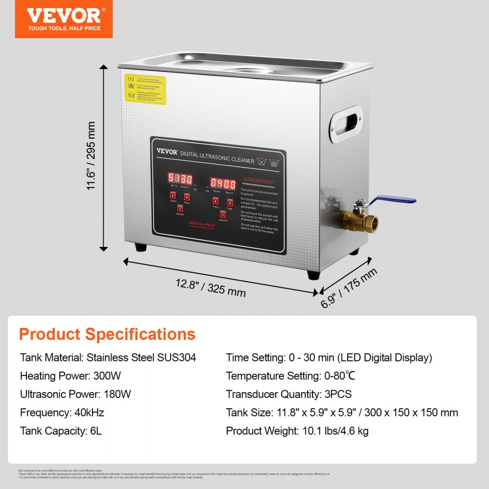 VEVOR Ultrasoon reiniger Ultrasoon reinigingsapparaat voor roestvrij staal 300W, 6L Ultrasoon reinigingsapparaat met digitaal display 0-30 min, ultrasoon reinigen van sieraden, brillen, horloges etc.