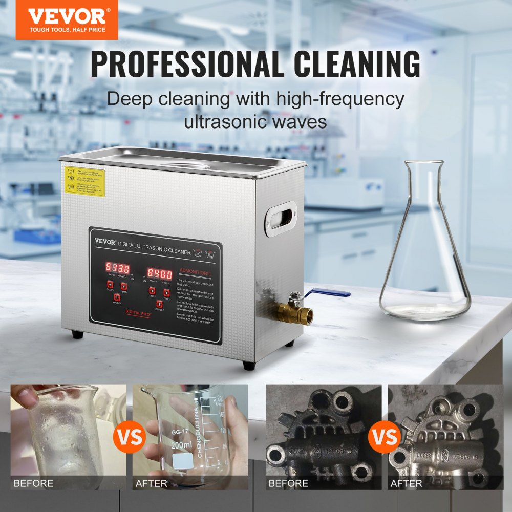 VEVOR ultrasone reiniger 6 liter, ultrasoon reinigingsapparaat van roestvrij staal 300 W, ultrasoon reinigingsapparaat met digitaal display 0-30 min, ultrasoon reinigen voor sieraden, brillen, horloges, enz.