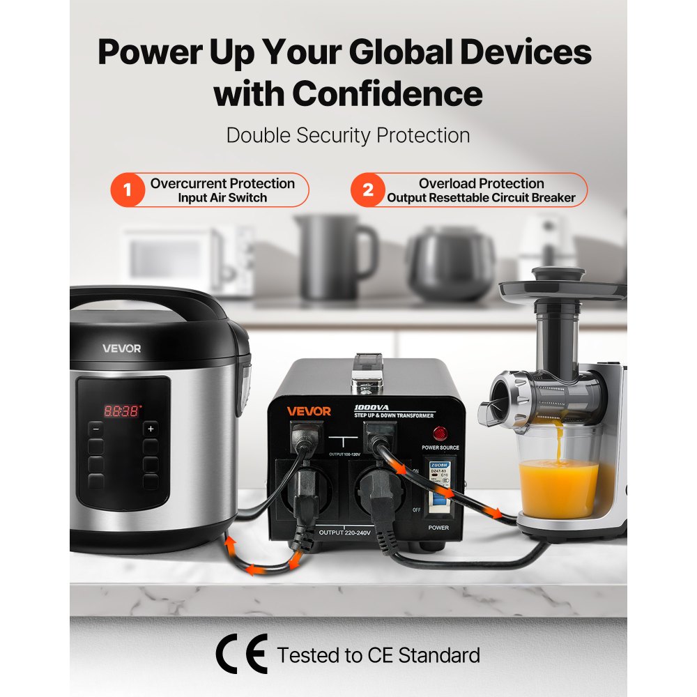 VEVOR 1000VA Step-Up/Step-Down Power Transformer, 110V naar 220V & 220V naar 110V Spanningsomvormer met Amerikaanse en Europese stopcontacten, netsnoer, stroomonderbreker