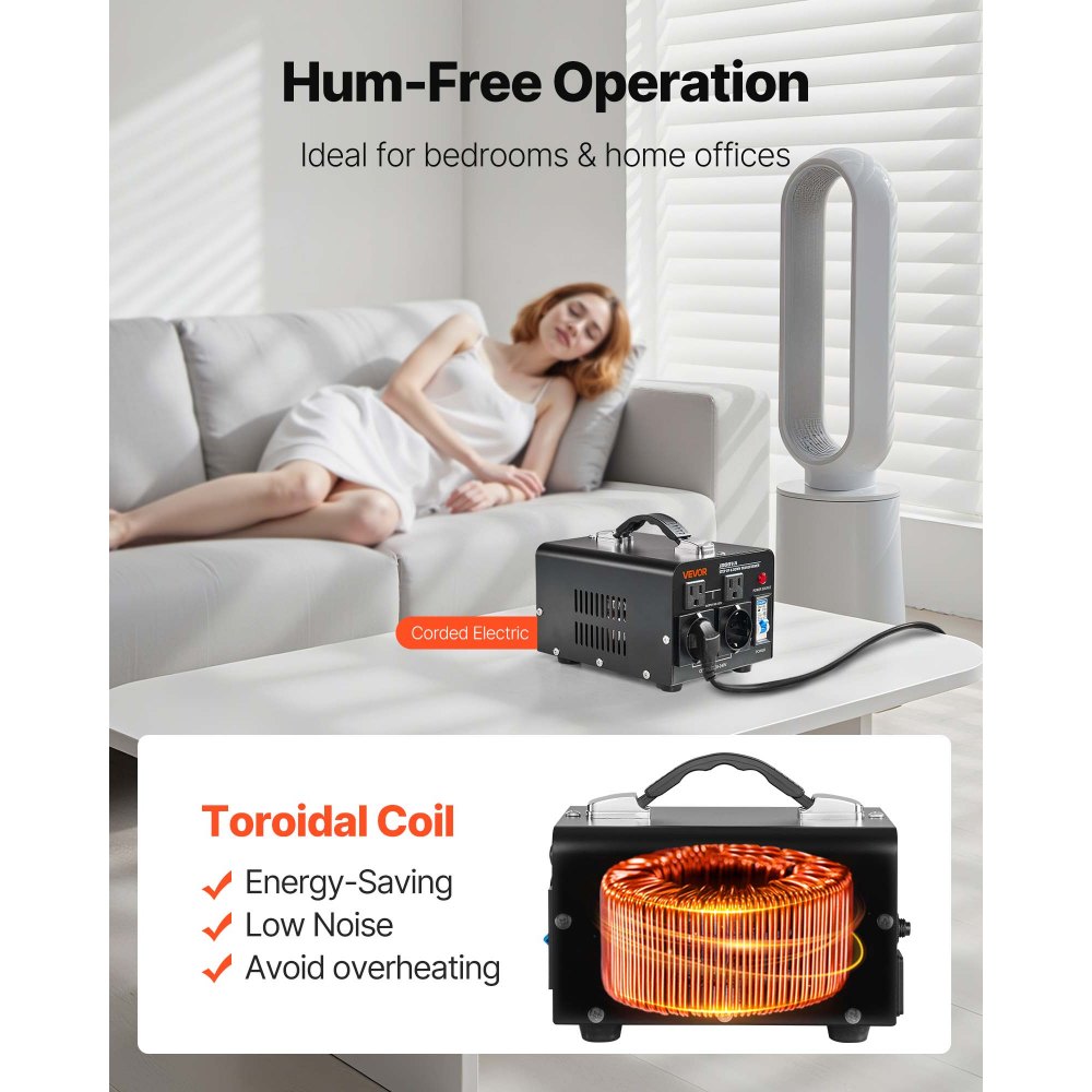 VEVOR 1000VA Step-Up/Step-Down Power Transformer, 110V naar 220V & 220V naar 110V Spanningsomvormer met Amerikaanse en Europese stopcontacten, netsnoer, stroomonderbreker