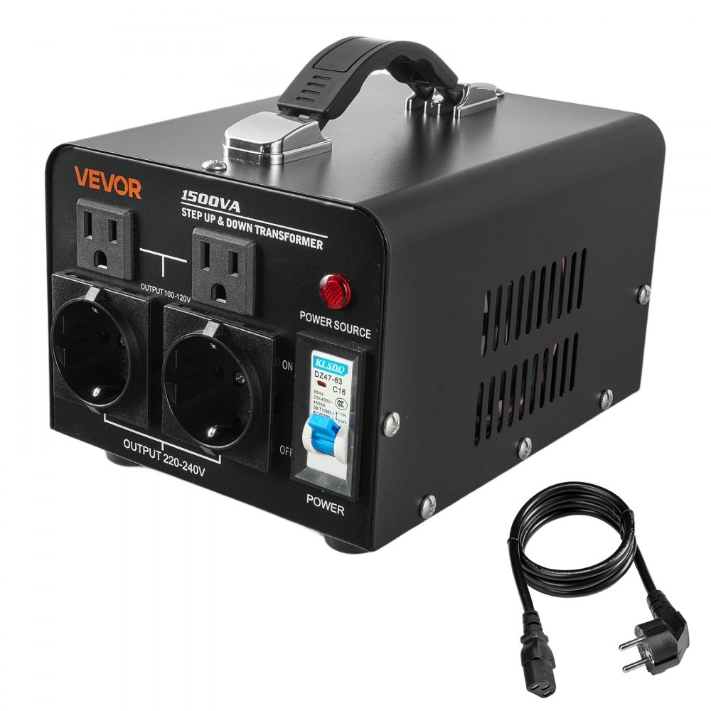 VEVOR 1500VA Step-Up/Step-Down-vermogenstransformator, 110V naar 220V en 220V naar 110V spanningsomvormer met Amerikaanse en Europese stopcontacten, netsnoer en stroomonderbreker