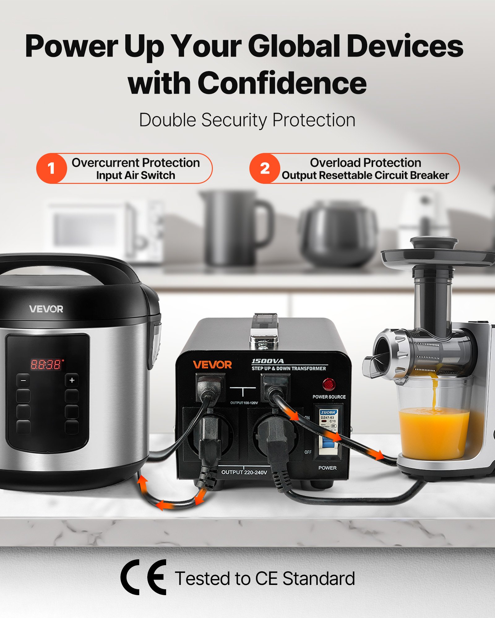 VEVOR 1500VA Step-Up/Step-Down-vermogenstransformator, 110V naar 220V en 220V naar 110V spanningsomvormer met Amerikaanse en Europese stopcontacten, netsnoer en stroomonderbreker