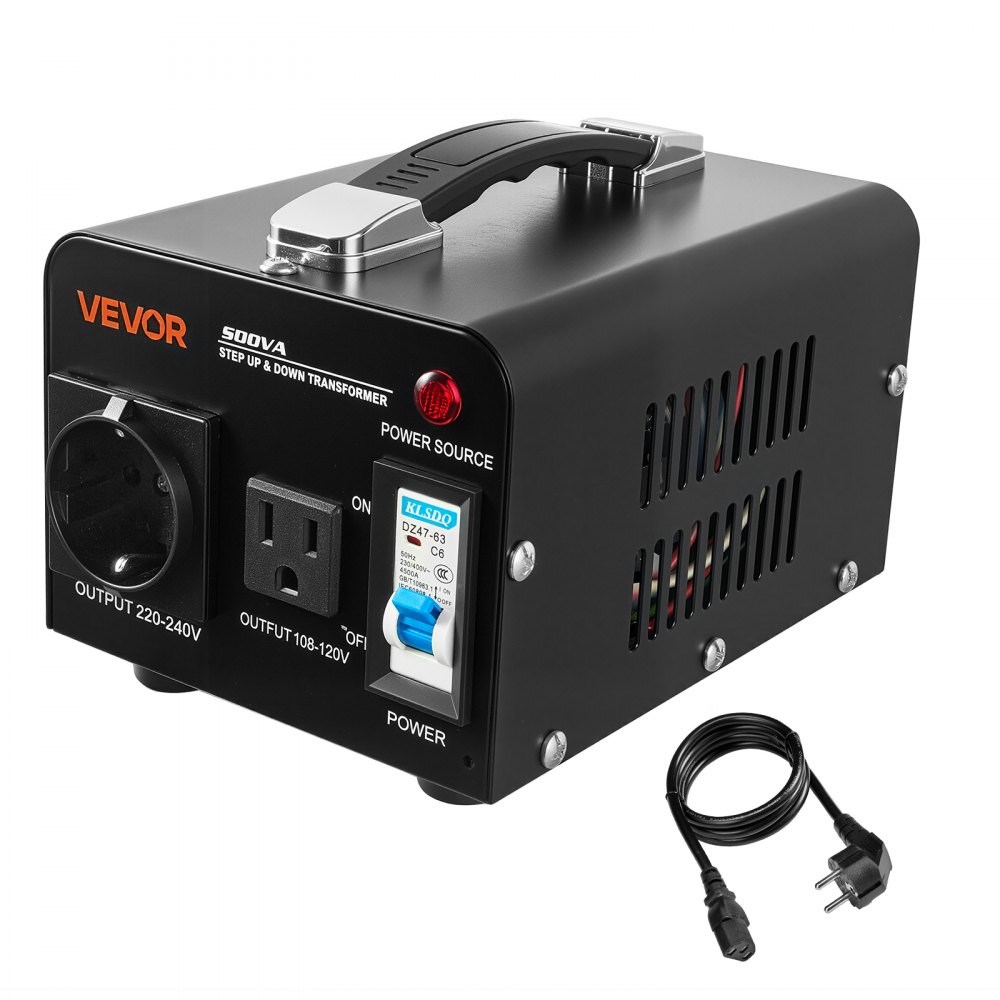 VEVOR 500VA Step-Up/Step-Down Transformator, 110V naar 220V & 220V naar 110V Spanningsomvormer met US/EU stopcontact, netsnoer, stroomonderbreker