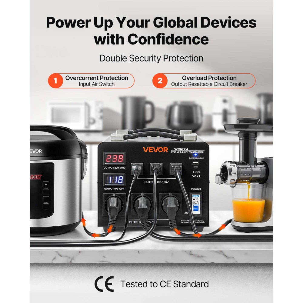 VEVOR 5000VA spanningsomvormertransformator, zware step-up/step-down transformator, 110V naar 220V en 220V naar 110V, met 3 Amerikaanse stopcontacten, 3 EU-stopcontacten, LCD-scherm, stroomonderbreker