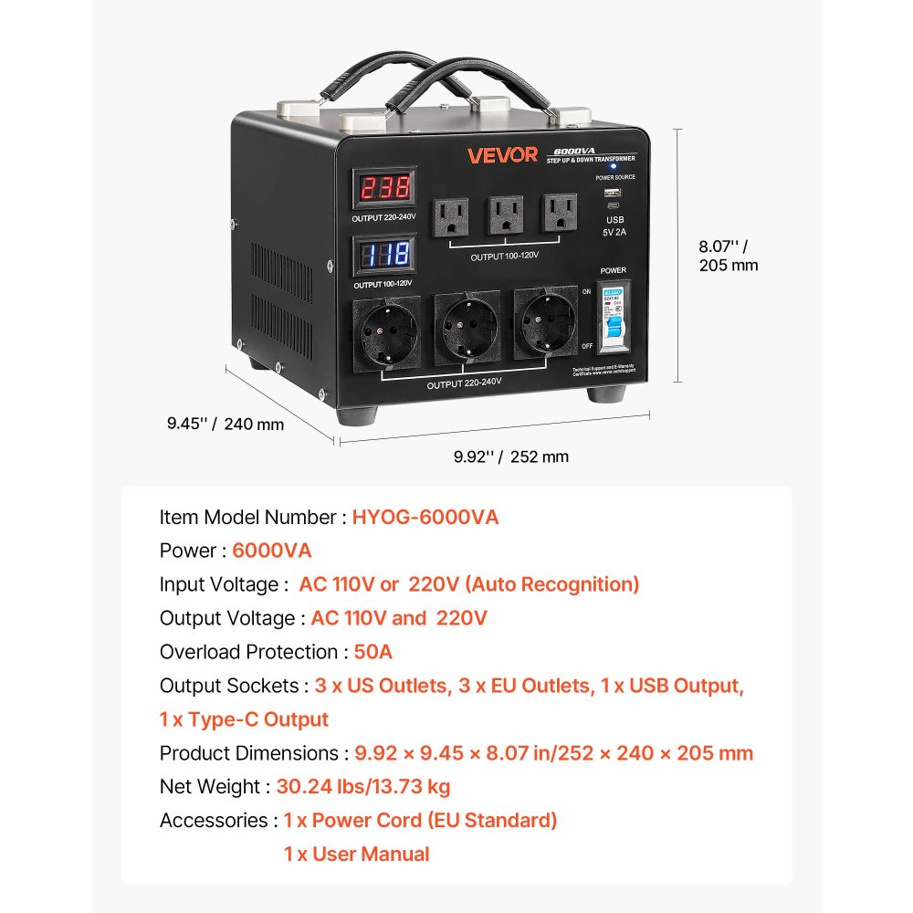 VEVOR 6000VA Step-Up/Step-Down Transformator, 110V naar 220V & 220V naar 110V, Spanningsomvormer met 3 Amerikaanse stopcontacten, 3 Europese stopcontacten, LCD-scherm, stroomonderbreker