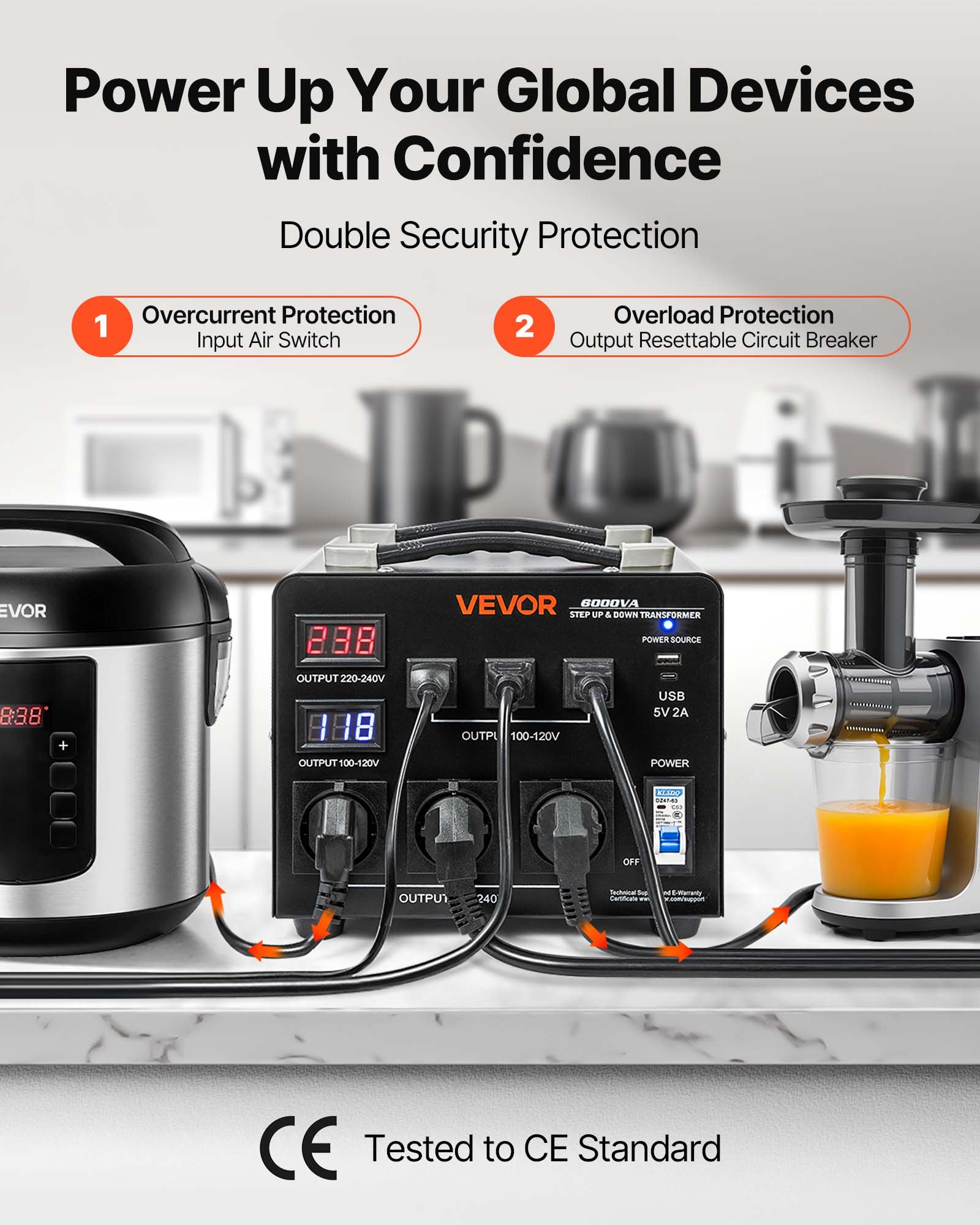 VEVOR 6000VA Step-Up/Step-Down Transformator, 110V naar 220V & 220V naar 110V, Spanningsomvormer met 3 Amerikaanse stopcontacten, 3 Europese stopcontacten, LCD-scherm, stroomonderbreker