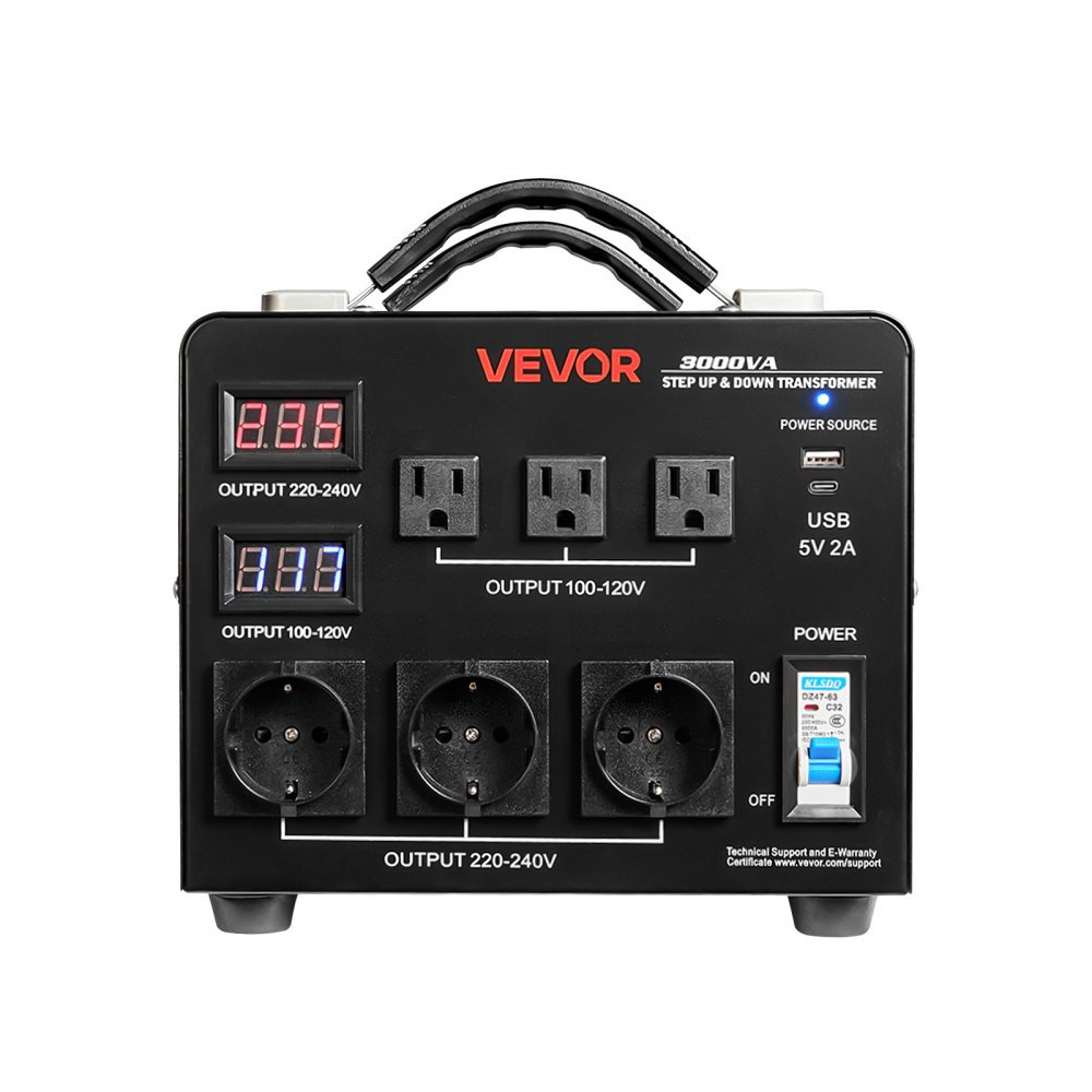 VEVOR Voltage Auto Converter Transformer, 3000VA, Heavy Duty Step Up/Down Power Transformer, 110V to 220V and 220V to 110V, with 3 US Outlets, 3 EU Outlets, LCD Display, Circuit Breaker Protection