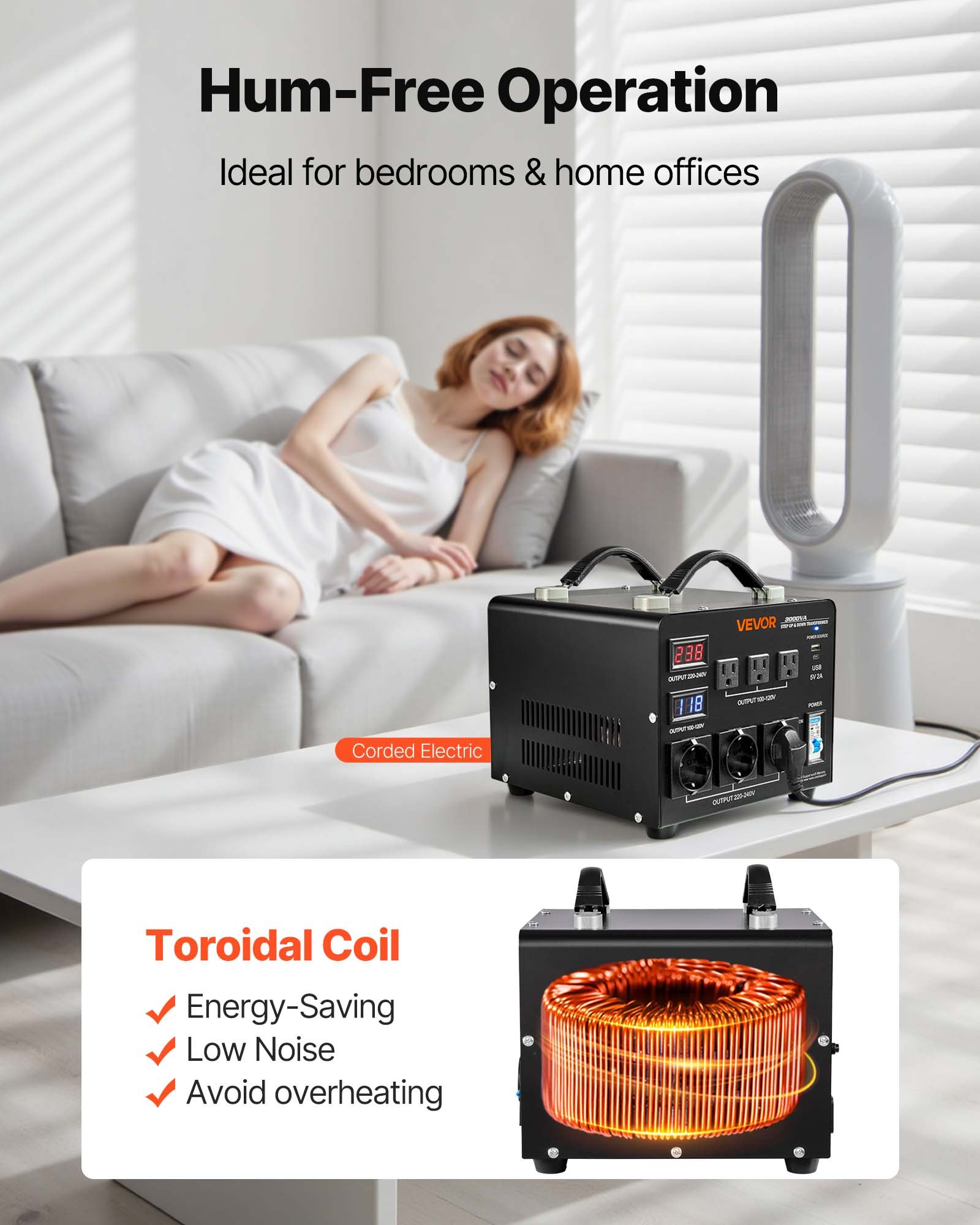 VEVOR 3000VA Step-Up/Step-Down Transformator 110V naar 220V & 220V naar 110V met 3 Amerikaanse stopcontacten, 3 Europese stopcontacten, LCD-scherm, stroomonderbreker