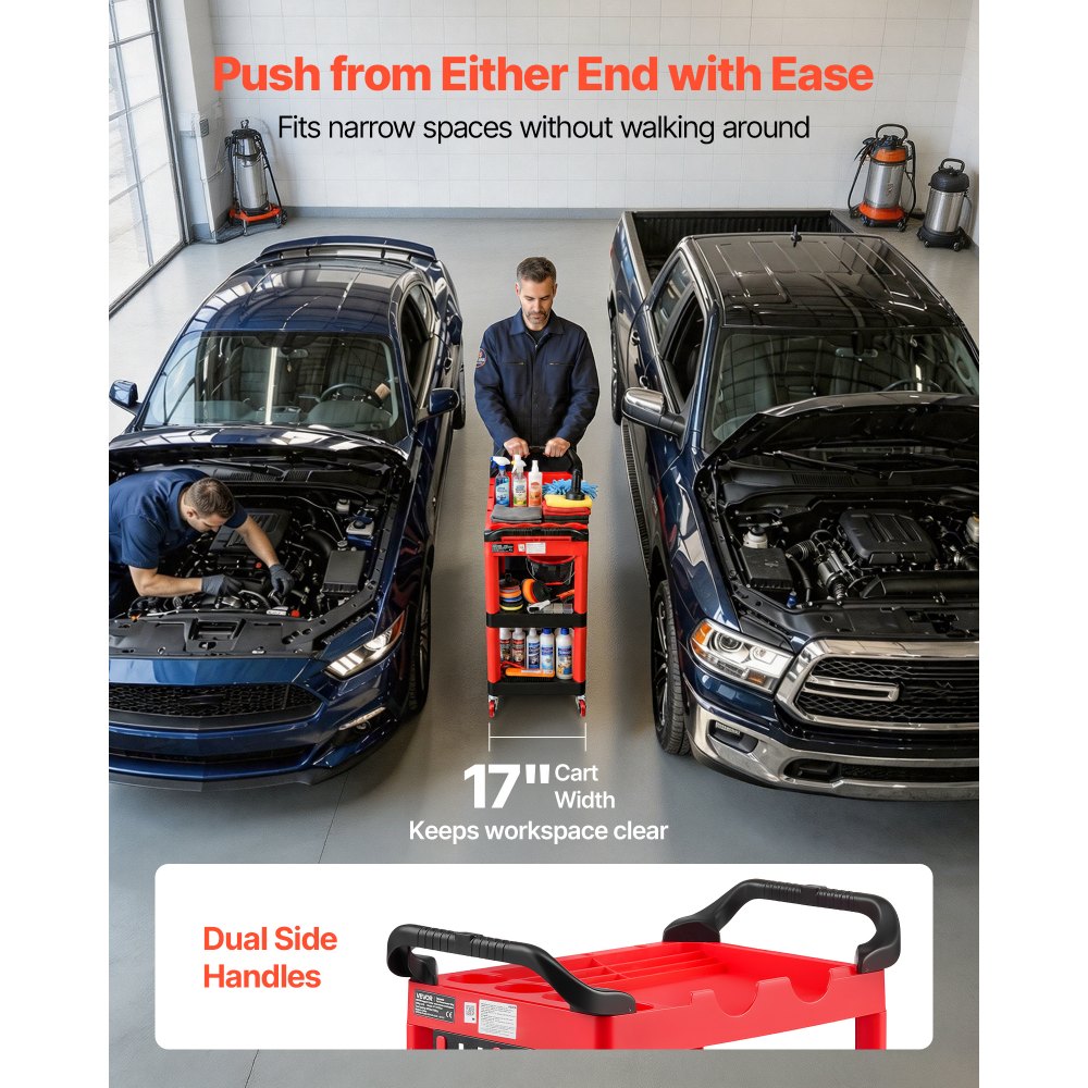 VEVOR Service Trolley Werkplaatstrolley PP Roltrolley 810x425x970mm Zwart & Rood, Gereedschapstrolley met een draagvermogen van 136 kg, incl. 3 niveaus & 4 wielen, gereedschapsbord & handgrepen, Multifunctionele trolley voor garage, werkplaats en magazijn