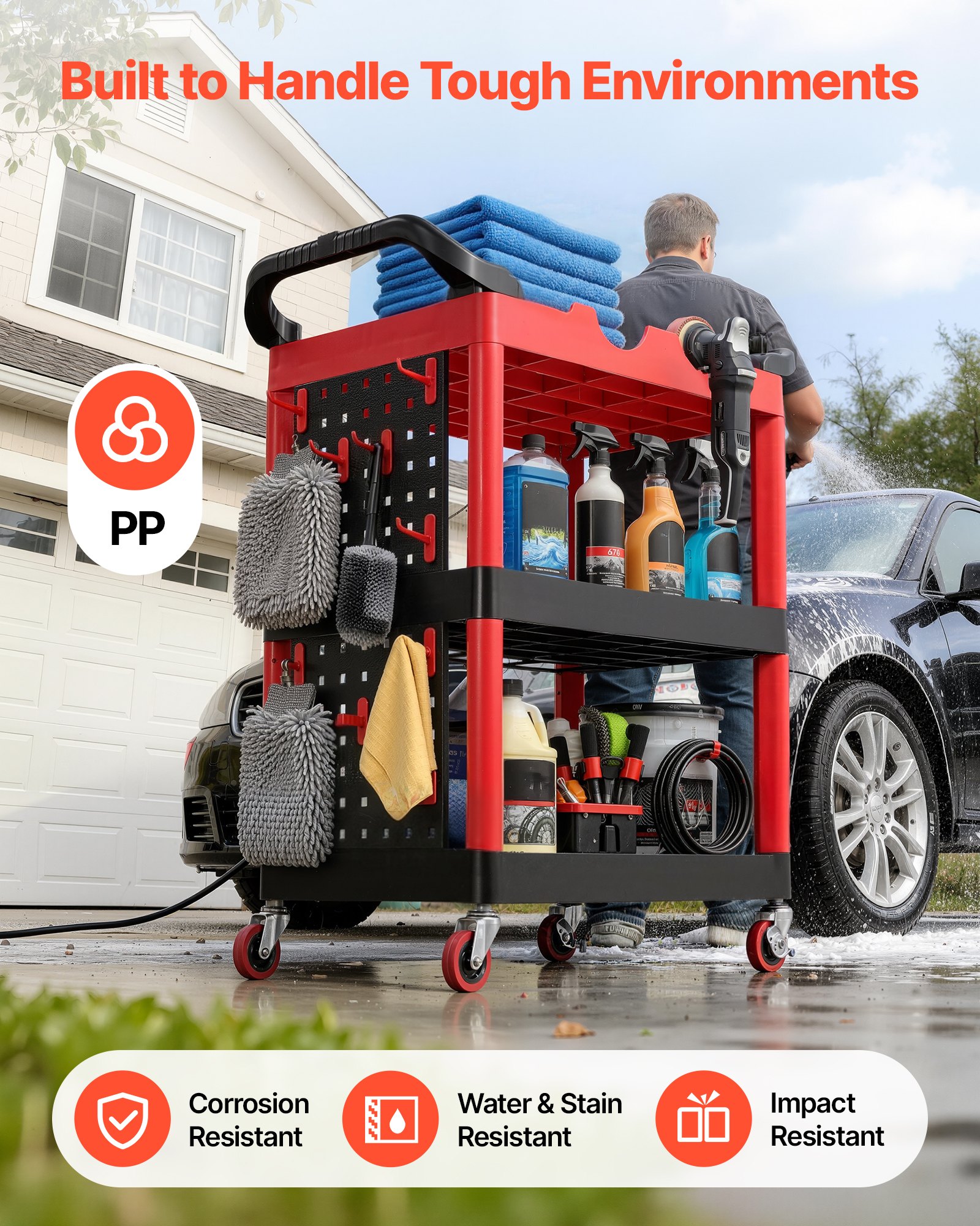 VEVOR Service Trolley Werkplaatstrolley PP Roltrolley 810x425x970mm Zwart & Rood, Gereedschapstrolley met een draagvermogen van 136 kg, incl. 3 niveaus & 4 wielen, gereedschapsbord & handgrepen, Multifunctionele trolley voor garage, werkplaats en magazijn