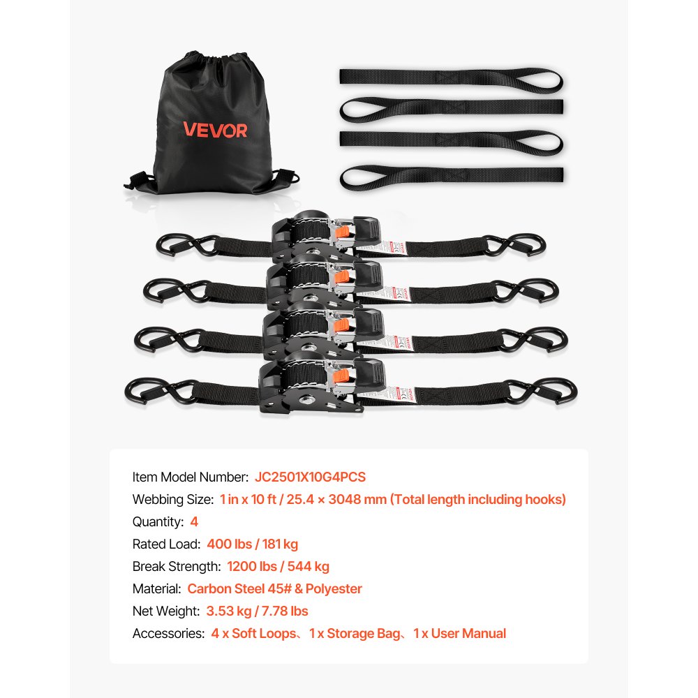 VEVOR Automatische spanbanden, 25,4 x 3048 mm, spanbanden met S-haken, breeksterkte 544 kg, 4 zachte lussen, ratelmechanisme voor verhuizingen, aanhangers, motoren, kajaks, autodaken, verpakking van 4