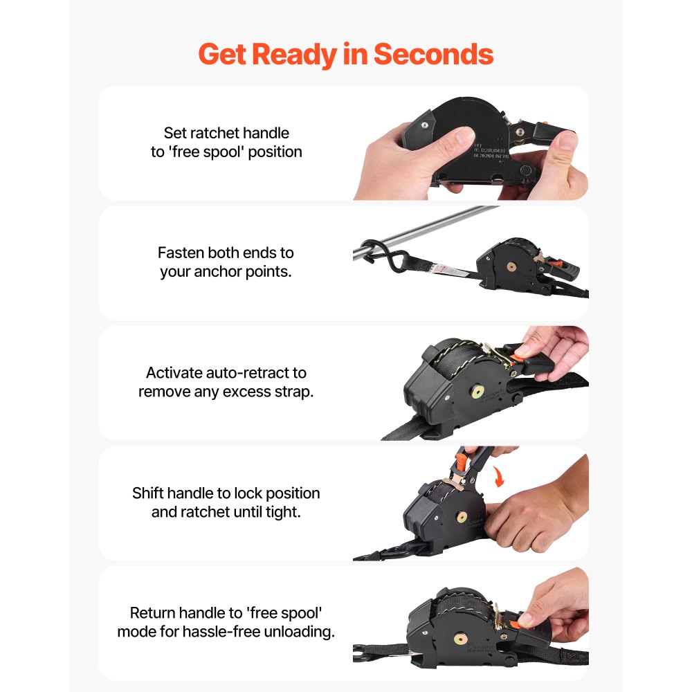 VEVOR Automatische spanband met ratel, 25,4 x 4876,8 mm, spanbanden met S-haken, breeksterkte 700 kg, draagtas, intrekbare spanbanden met ratel voor verhuizingen, aanhangers, motoren, kajaks, autodaken, 4-pack