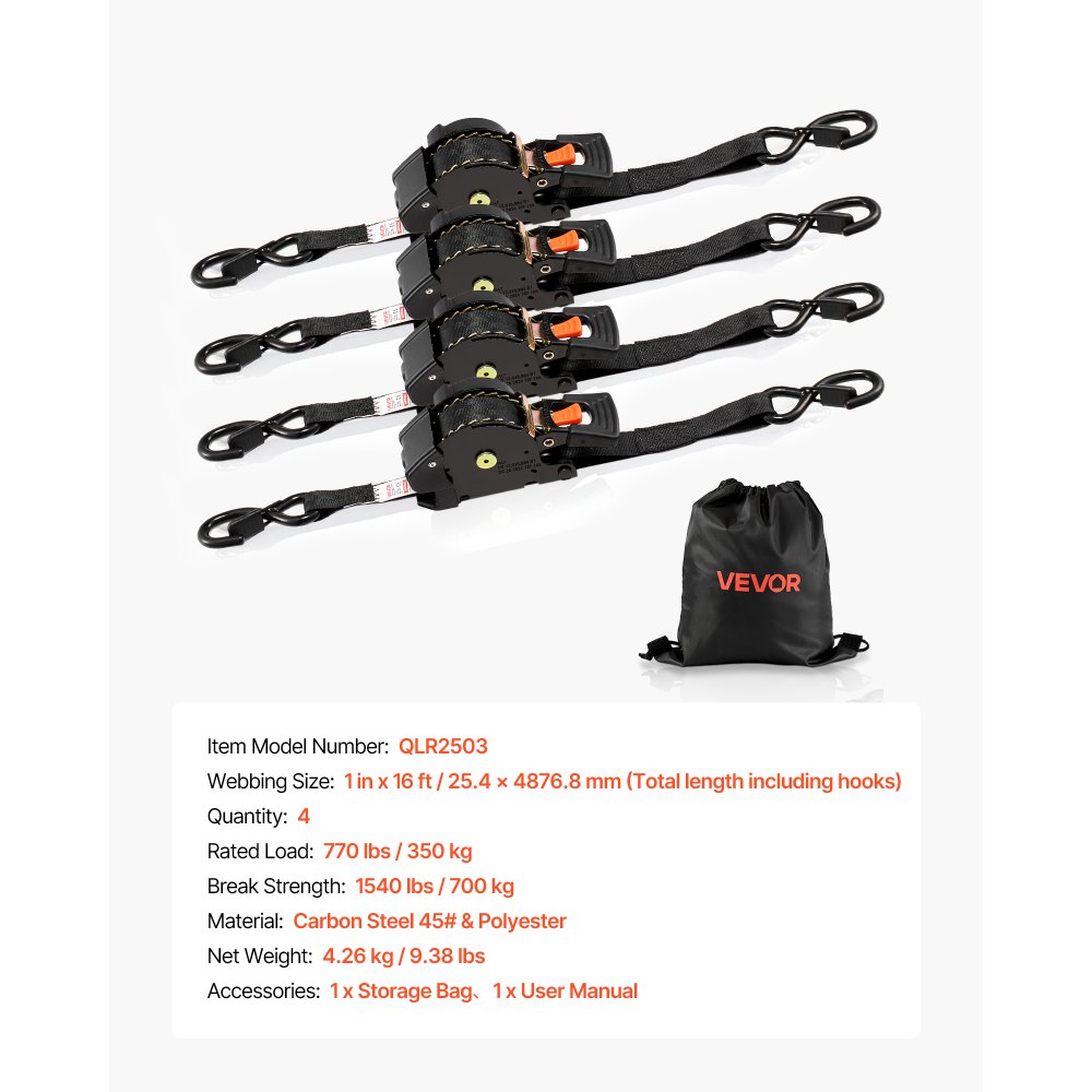 VEVOR Automatische spanband met ratel, 25,4 x 4876,8 mm, spanbanden met S-haken, breeksterkte 700 kg, draagtas, intrekbare spanbanden met ratel voor verhuizingen, aanhangers, motoren, kajaks, autodaken, 4-pack