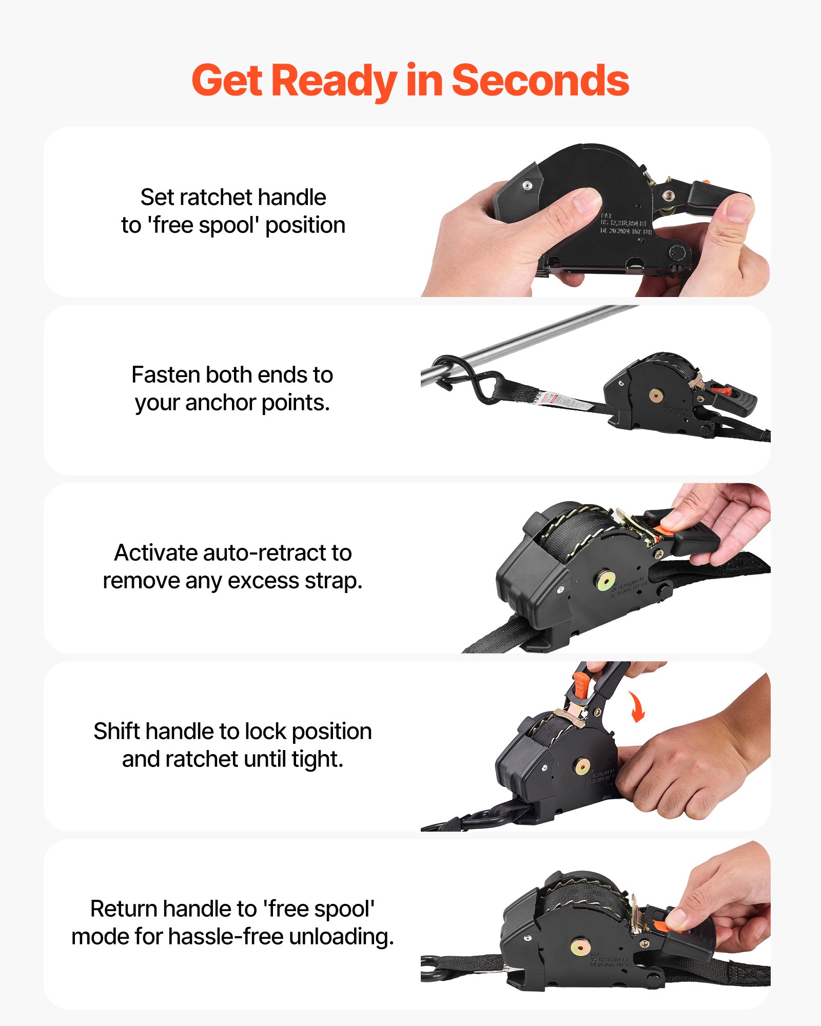 VEVOR Automatische spanband met ratel, 25,4 x 4876,8 mm, spanbanden met S-haken, breeksterkte 700 kg, draagtas, intrekbare spanbanden met ratel voor verhuizingen, aanhangers, motoren, kajaks, autodaken, 4-pack