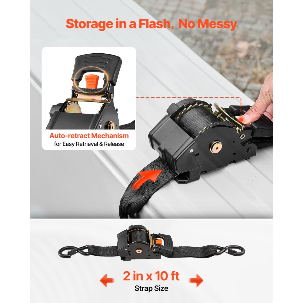 VEVOR Retractable Ratchet Straps, 50.8 mm x 3 m, Tie Down Straps with S Hooks, 1375 kg Break Strength, 2 Soft Loops, Tie Down Ratcheting for Moving, Trailers, Motorcycles, Kayaks, Car Roof, 2 Pack