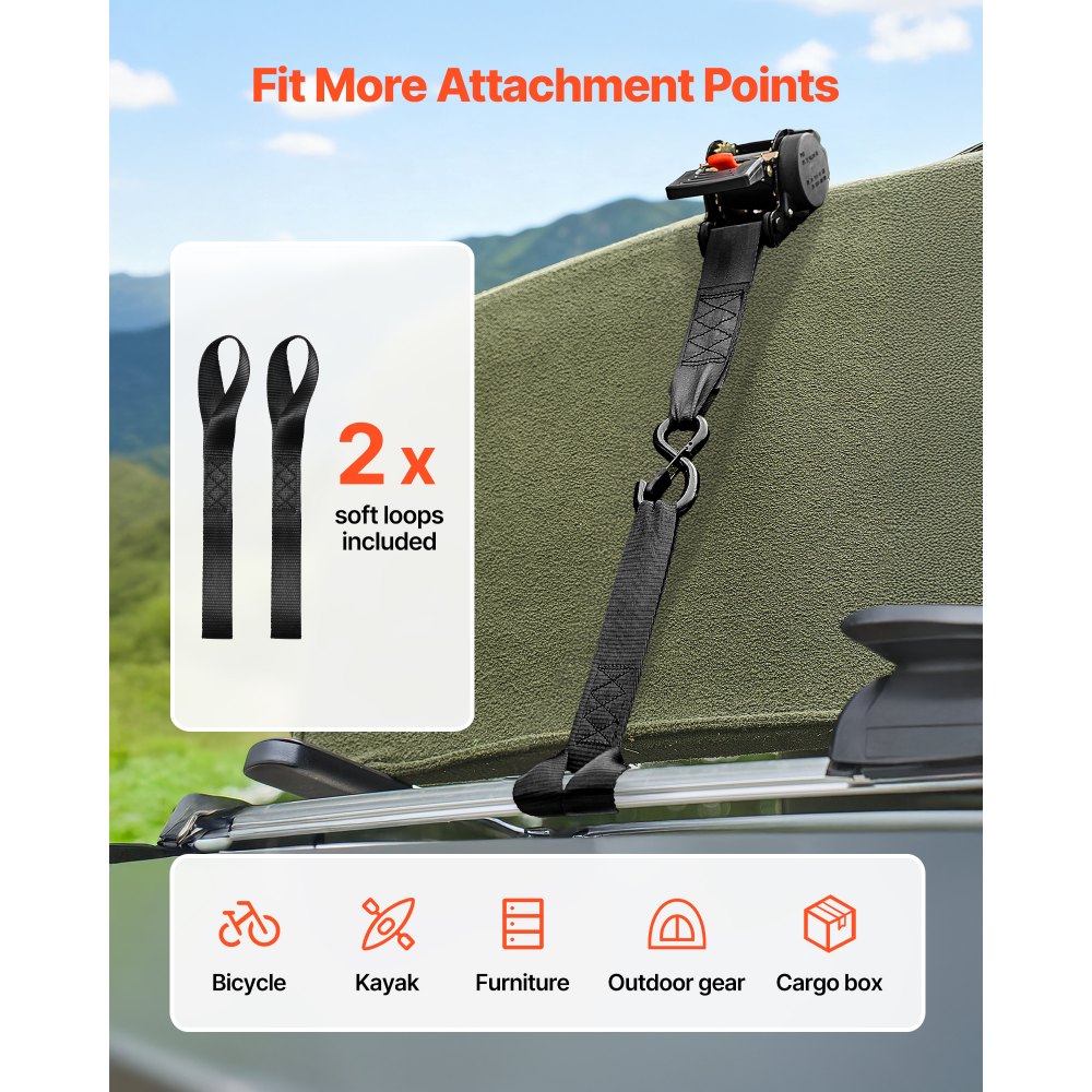 VEVOR Retractable Ratchet Straps, 50.8 mm x 3 m, Tie Down Straps with S Hooks, 1375 kg Break Strength, 2 Soft Loops, Tie Down Ratcheting for Moving, Trailers, Motorcycles, Kayaks, Car Roof, 2 Pack