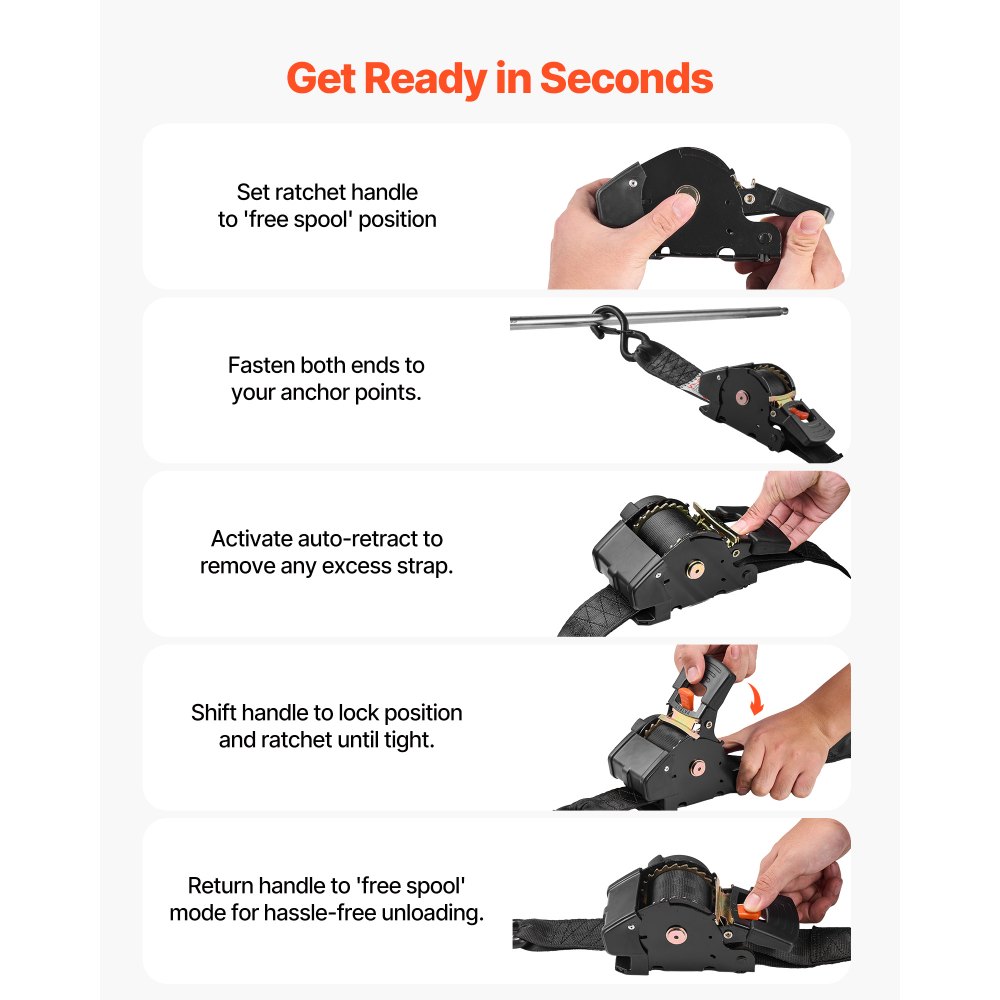 VEVOR Retractable Ratchet Straps, 50.8 mm x 3 m, Tie Down Straps with S Hooks, 1375 kg Break Strength, 2 Soft Loops, Tie Down Ratcheting for Moving, Trailers, Motorcycles, Kayaks, Car Roof, 2 Pack