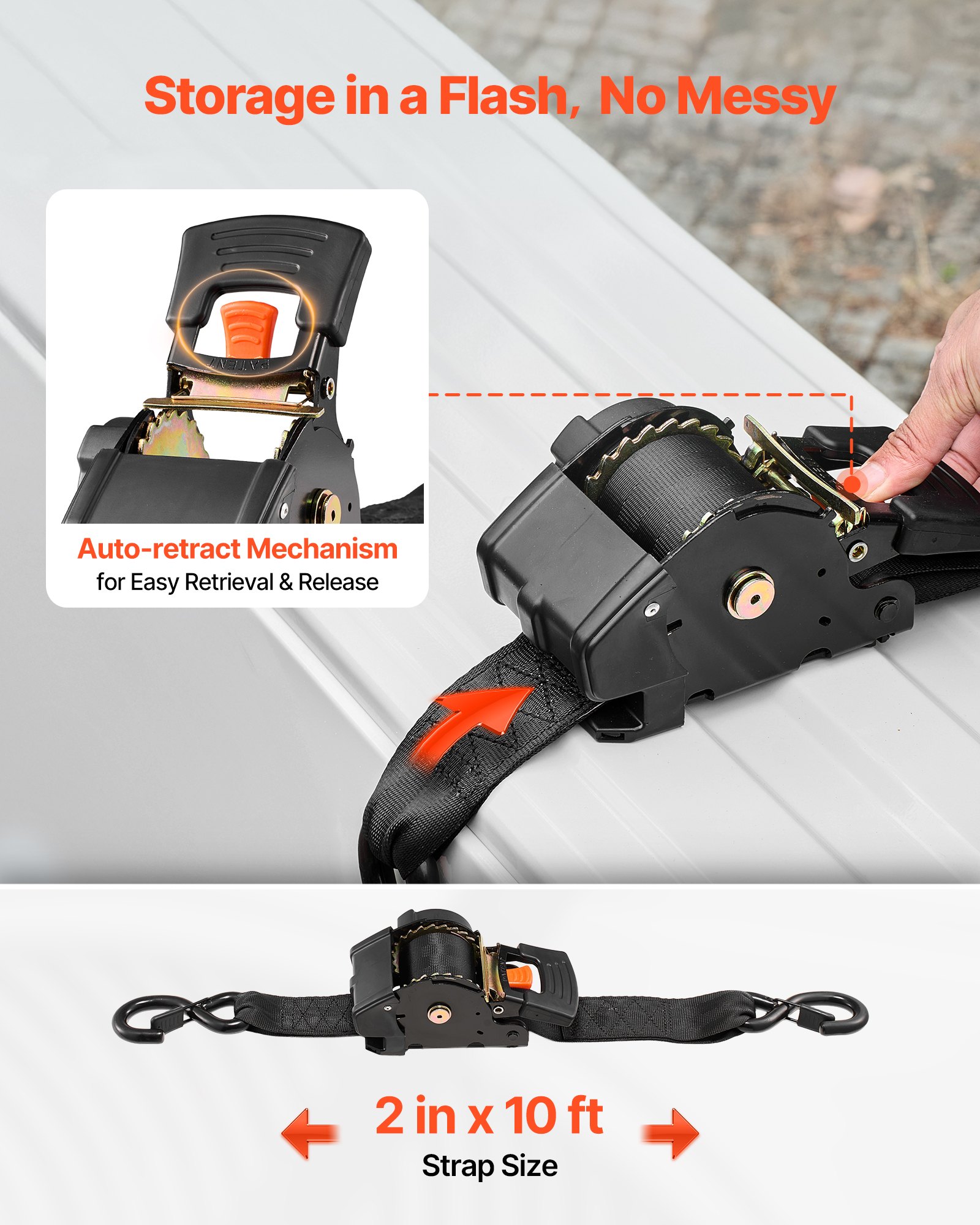 VEVOR Retractable Ratchet Straps, 50.8 mm x 3 m, Tie Down Straps with S Hooks, 1375 kg Break Strength, 2 Soft Loops, Tie Down Ratcheting for Moving, Trailers, Motorcycles, Kayaks, Car Roof, 2 Pack