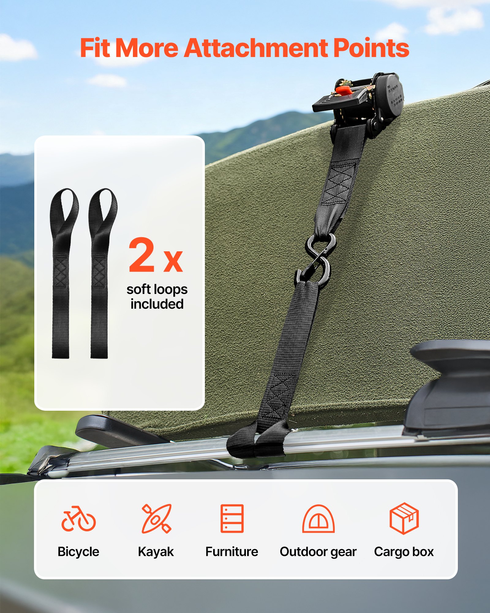 VEVOR Retractable Ratchet Straps, 50.8 mm x 3 m, Tie Down Straps with S Hooks, 1375 kg Break Strength, 2 Soft Loops, Tie Down Ratcheting for Moving, Trailers, Motorcycles, Kayaks, Car Roof, 2 Pack