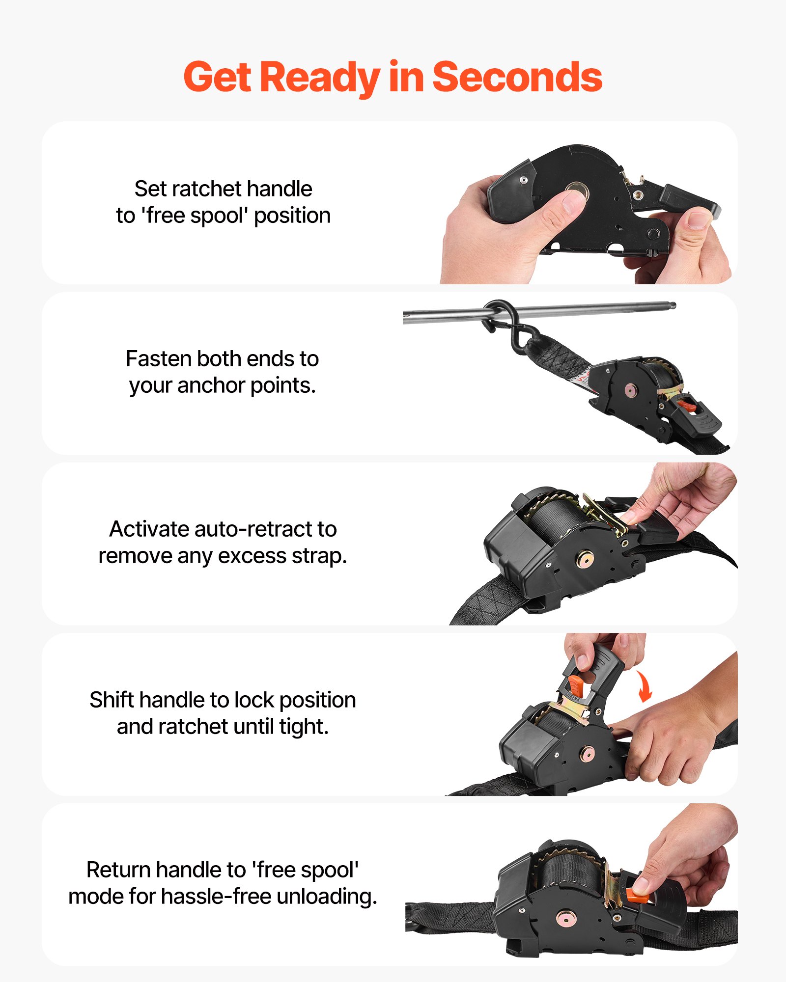 VEVOR Retractable Ratchet Straps, 50.8 mm x 3 m, Tie Down Straps with S Hooks, 1375 kg Break Strength, 2 Soft Loops, Tie Down Ratcheting for Moving, Trailers, Motorcycles, Kayaks, Car Roof, 2 Pack