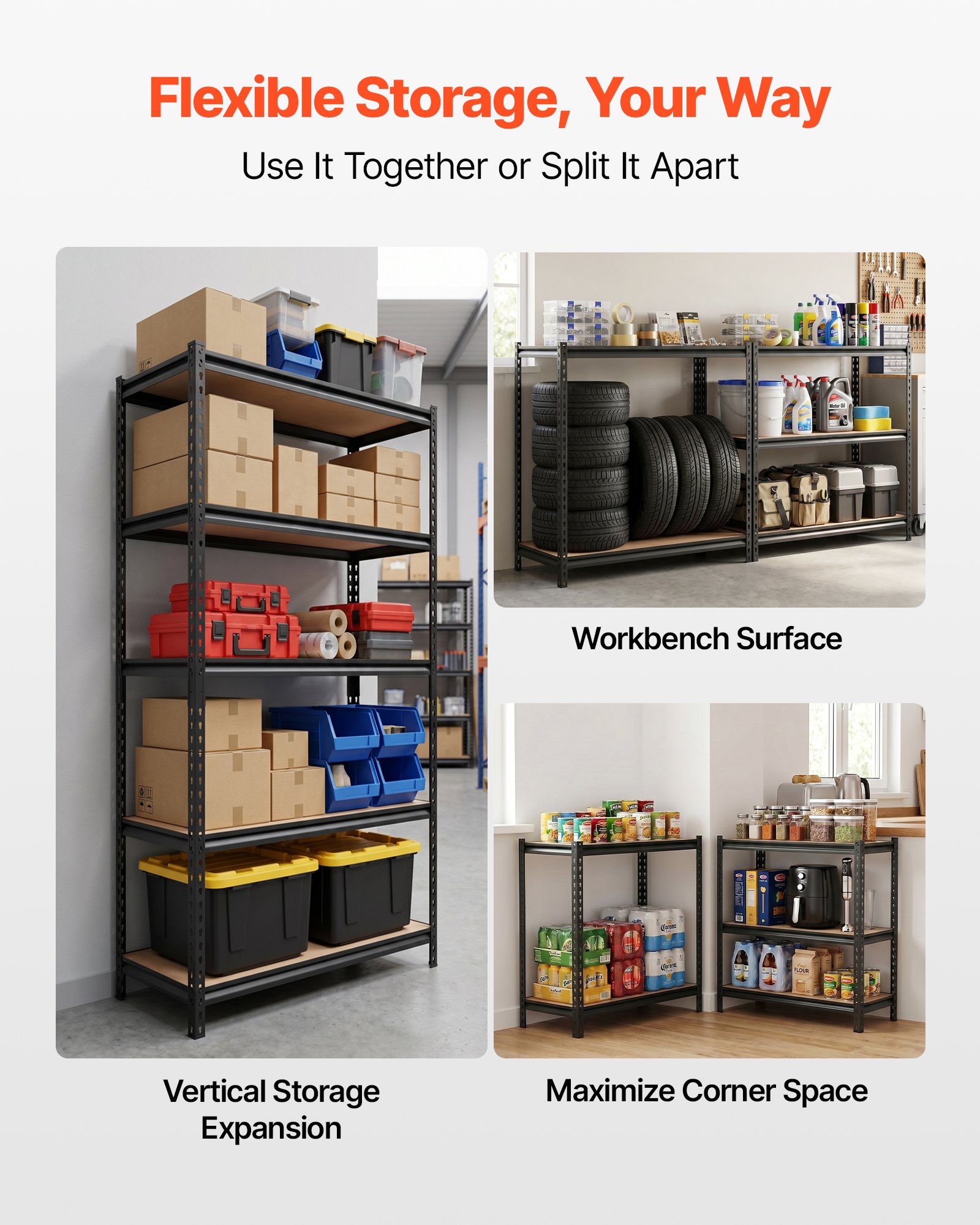 VEVOR zwaar uitgevoerde opbergkast 923x459x1813mm, draagvermogen 907,2kg, stalen frame, 5 verstelbare MDF-planken, modulaire opbergkast te gebruiken als werkbank, flexibele metalen opbergkast voor kelder, garage, werkplaats