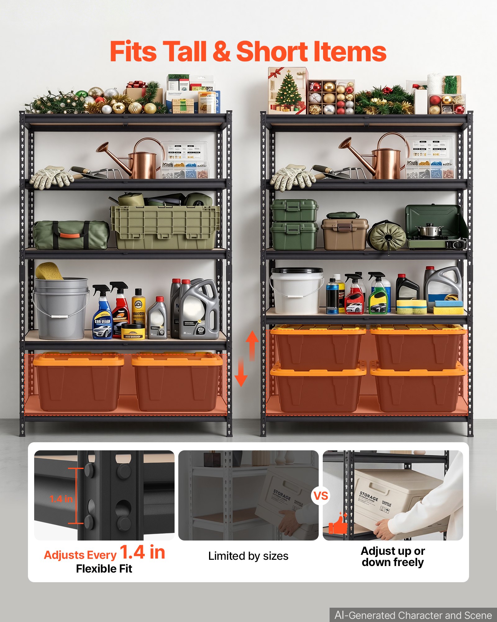 VEVOR zwaar uitgevoerde opbergkast, opbergrek met 5 planken, 1228x459x1813 mm, 907,2 kg, stalen frame, modulair en verstelbaar ontwerp voor doe-het-zelfprojecten, werkbankfunctie, flexibele opbergkast voor kelder, garage en werkplaats