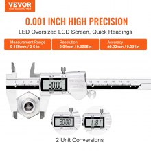 VEVOR Digital Vernier Caliper 0-150m Caliper Measuring Tools ±0.02mm Stainless Steel IP54 Splashproof Dustproof Protective Design LCD Display Zero Setting Function Ideal for Measurement in Household Industry
