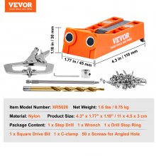 VEVOR Pocket Hole Jig, 56 Pcs Mini Jig Pocket Hole System with 9" C-clamp, Step Drill, Wrench, Drill Stop Ring, Square Drive Bit, and Screws, for DIY Carpentry Projects