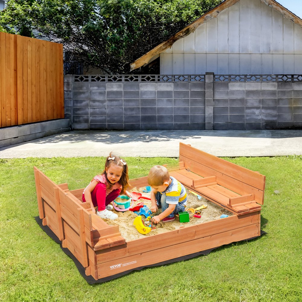 VEVOR Houten Zandbak, 132 x 120 x 43 cm, Zandbak met Opvouwbare Bankjes en Vloerinzetstuk, Natuurlijke Houten Zandbak voor Kinderen voor de Tuin, Strand, Park, Cadeau voor Jongens en Meisjes van 3-12 Jaar