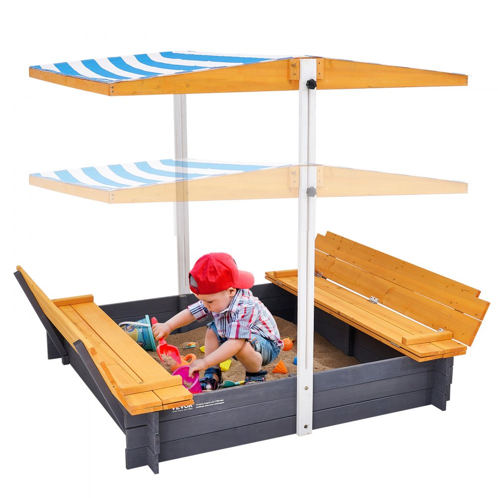 child playing in a VEVOR wooden sandbox with a blue and white canopy, featuring benches and sand toys.