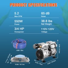VEVOR Pond Aerator 550W, 5.2CFM for up to 1 Acre 15m Lake Pond Aeration Kit Includes 3/4HP Compressor & Weighted Hoses & Diffuser Air Compressor for Oxygen Circulation in Deep Water
