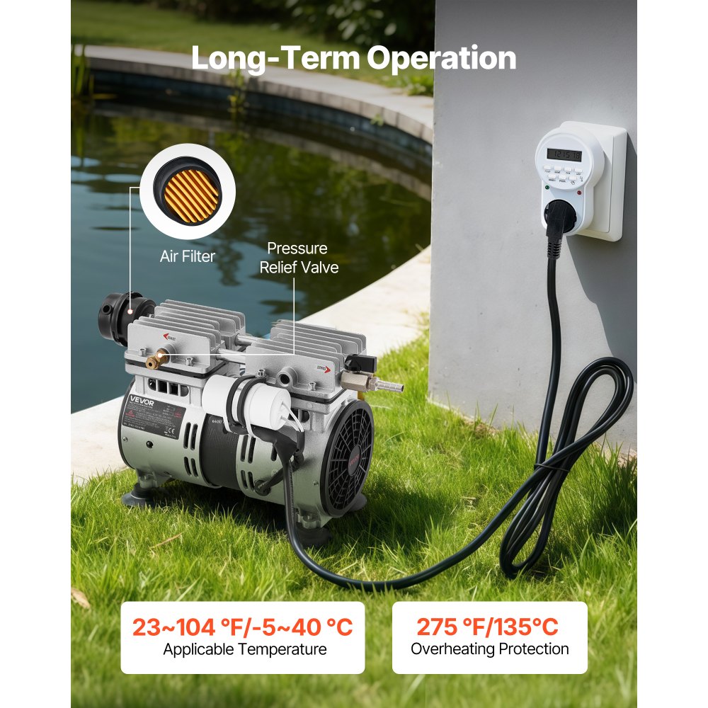 VEVOR vijverbeluchter, 590 W luchtcompressor, nominaal toerental 1400 tpm, vijverbeluchtingspomp, maximale druk 0,3 MPa, instelbare temperatuur -5 °C tot 40 °C, inclusief timer, ideaal voor vijvers en watertuinen.