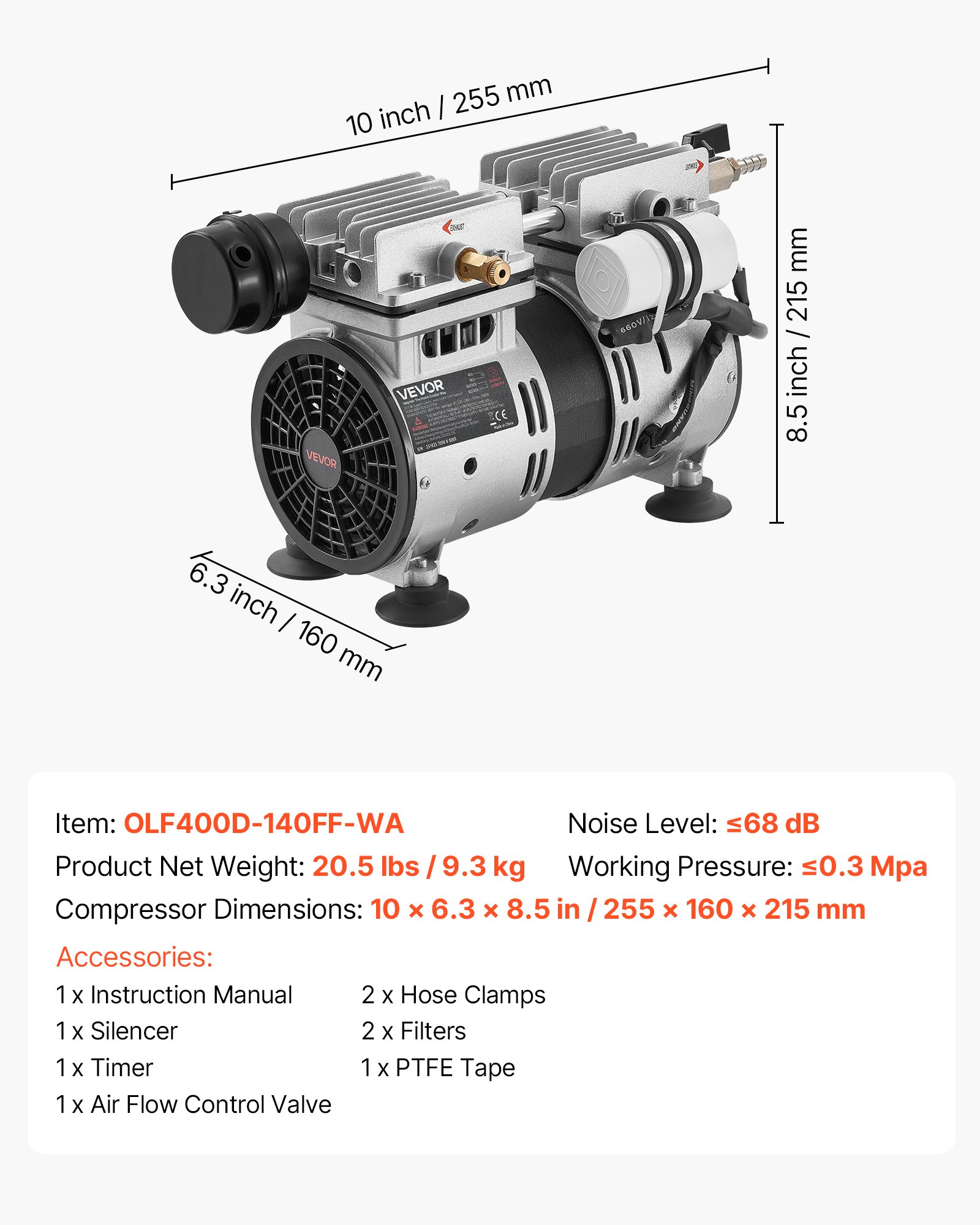VEVOR vijverbeluchter, 590 W luchtcompressor, nominaal toerental 1400 tpm, vijverbeluchtingspomp, maximale druk 0,3 MPa, instelbare temperatuur -5 °C tot 40 °C, inclusief timer, ideaal voor vijvers en watertuinen.