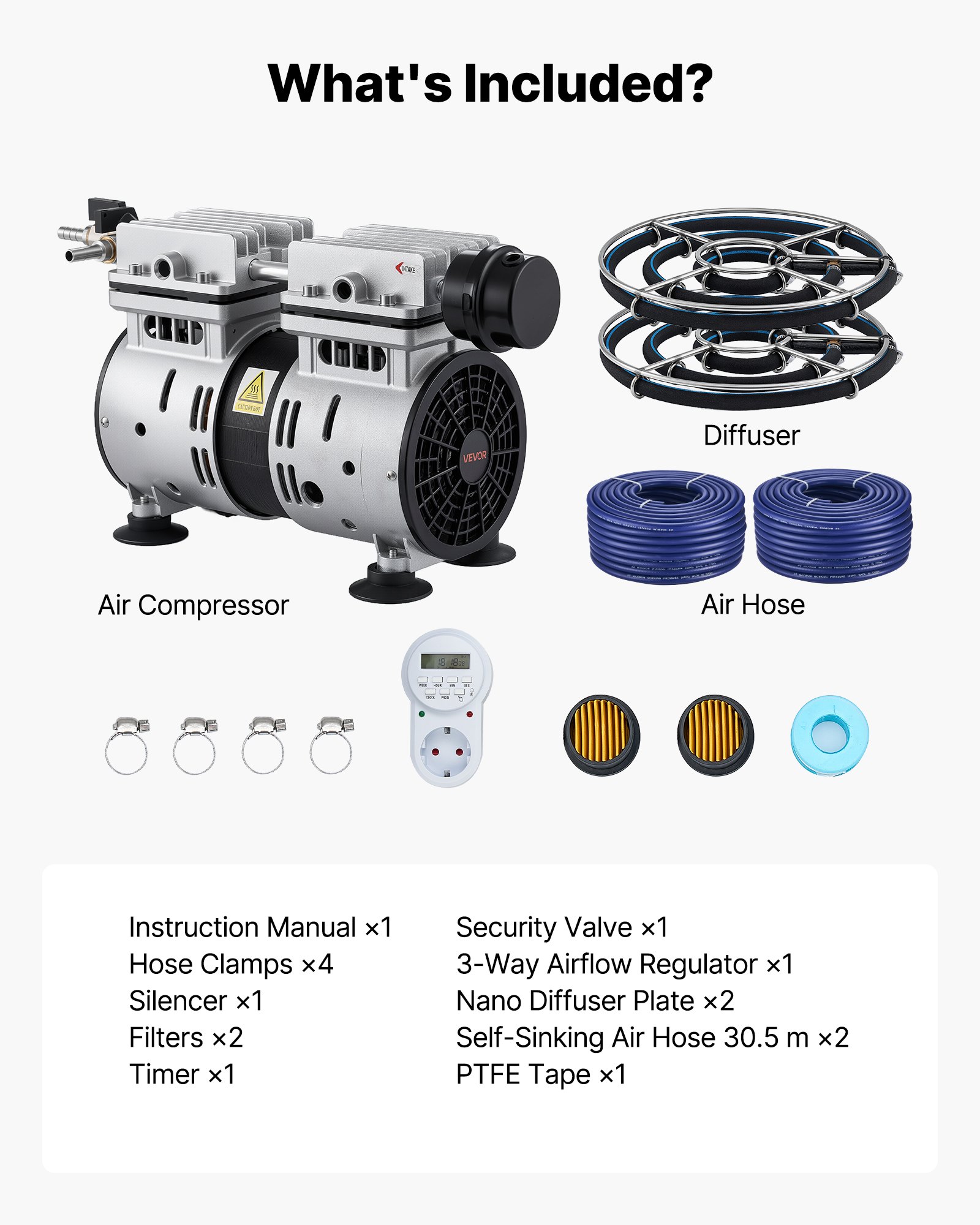 VEVOR Pond Aerators, 5.2CFM Aeration System for Lakes up to 3 Acres, 4/5 HP Air Compressor, 2 Diffusers & Two 30.5 m Weighted Tubing, Outdoor Pond Aeration Pump for Deep Water Oxygen Circulation