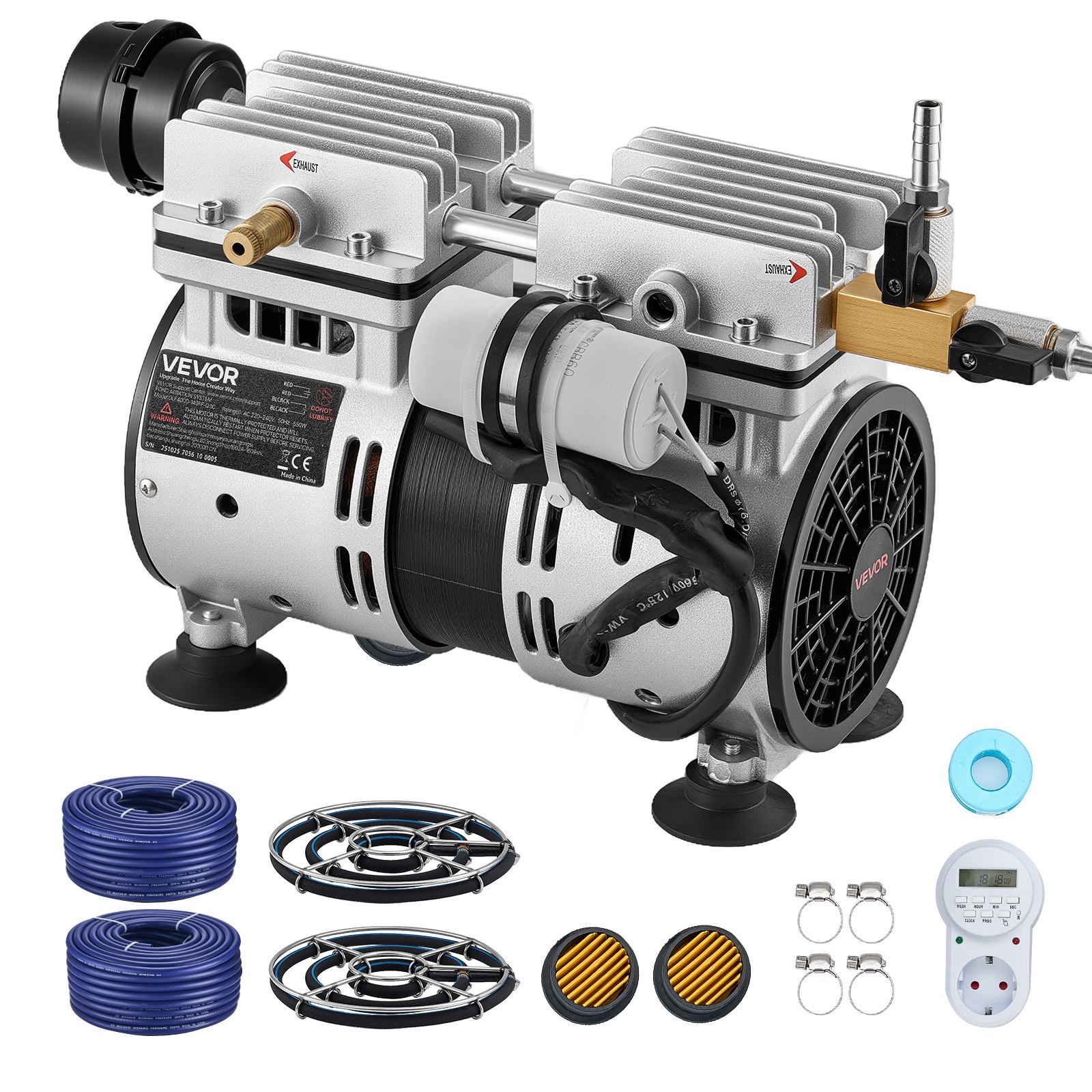 VEVOR Pond Aerators, 5.2CFM Aeration System for Lakes up to 3 Acres, 4/5 HP Air Compressor, 2 Diffusers & Two 30.5 m Weighted Tubing, Outdoor Pond Aeration Pump for Deep Water Oxygen Circulation