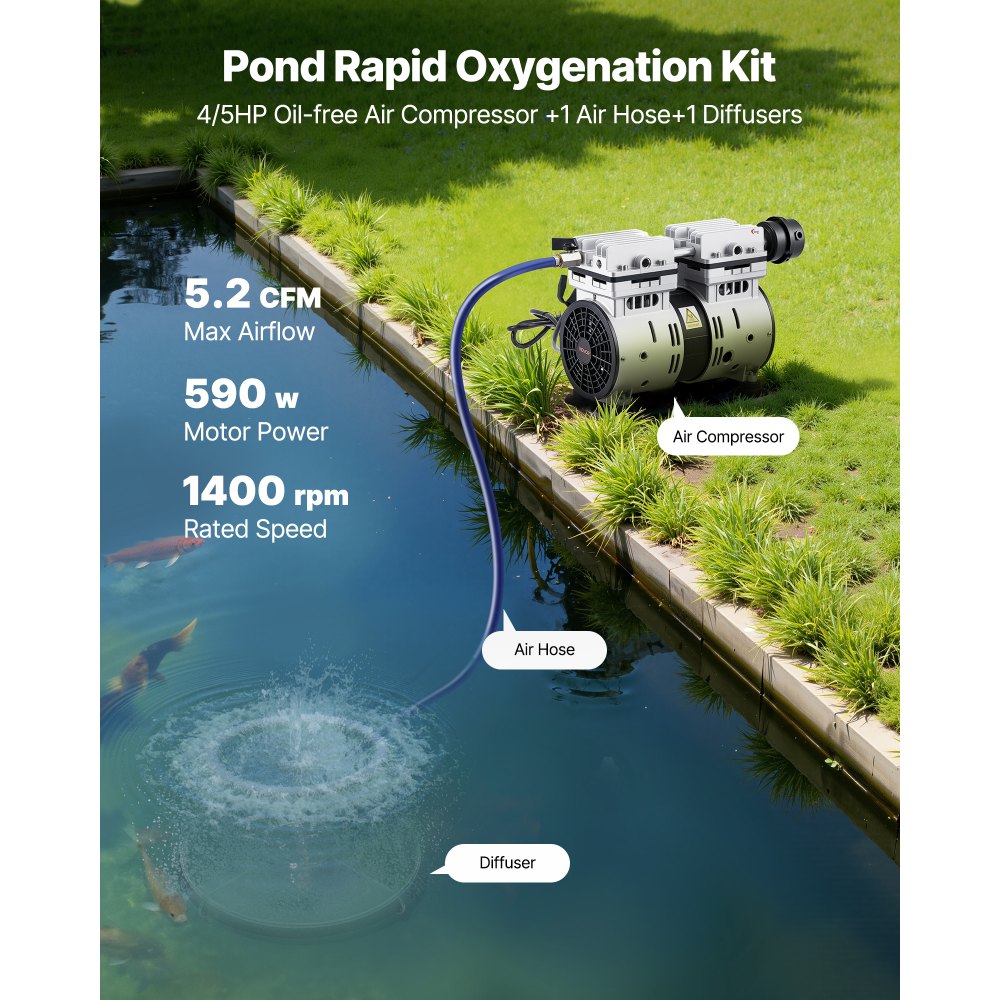 VEVOR Pond Aerators, 5.2CFM Aeration System for Lakes up to 3 Acres, 4/5 HP Air Compressor, 1 Diffuser & 30.5 m Weighted Tubing, Outdoor Pond Aeration Pump for Deep Water Oxygen Circulation