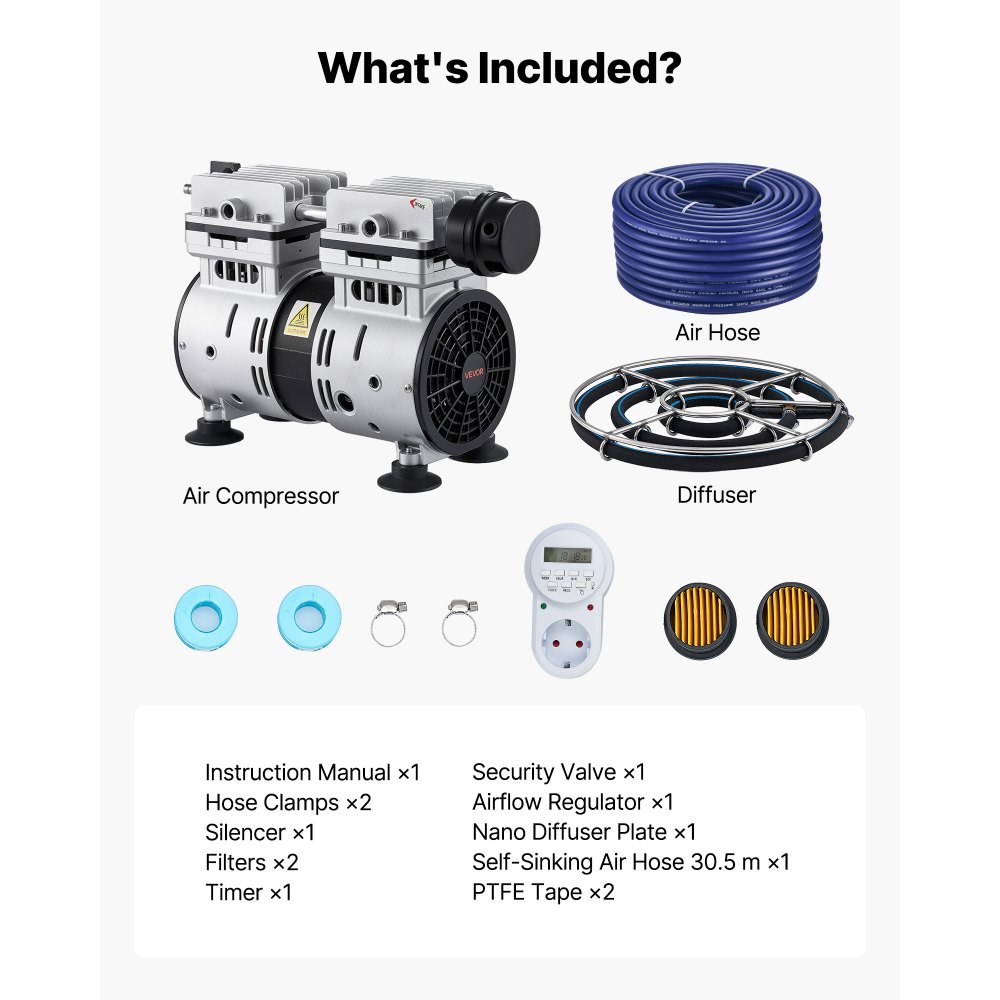 VEVOR Pond Aerators, 5.2CFM Aeration System for Lakes up to 3 Acres, 4/5 HP Air Compressor, 1 Diffuser & 30.5 m Weighted Tubing, Outdoor Pond Aeration Pump for Deep Water Oxygen Circulation