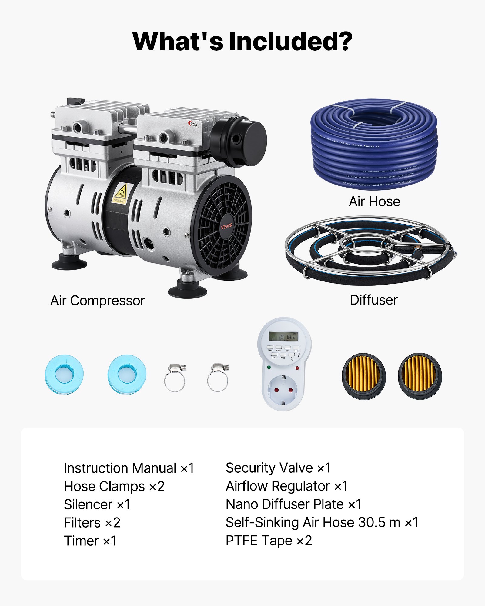 VEVOR Pond Aerators, 5.2CFM Aeration System for Lakes up to 3 Acres, 4/5 HP Air Compressor, 1 Diffuser & 30.5 m Weighted Tubing, Outdoor Pond Aeration Pump for Deep Water Oxygen Circulation