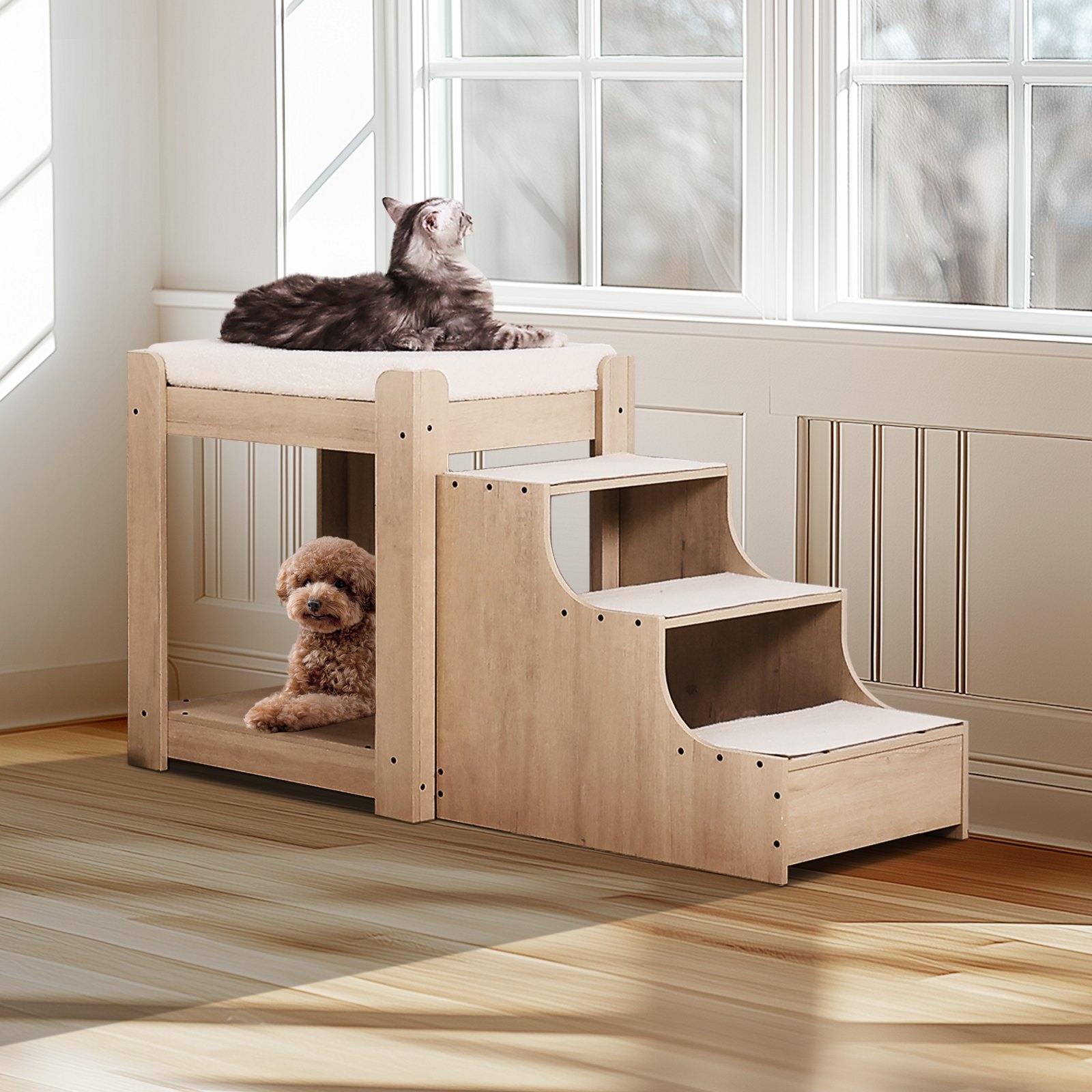VEVOR Stapelbed voor huisdieren met trap, vensterbank voor honden/katten, bed met meerdere niveaus, hondenbed, loungebank met schuimkussen, hondenbedbank 120x50x65cm (beige)