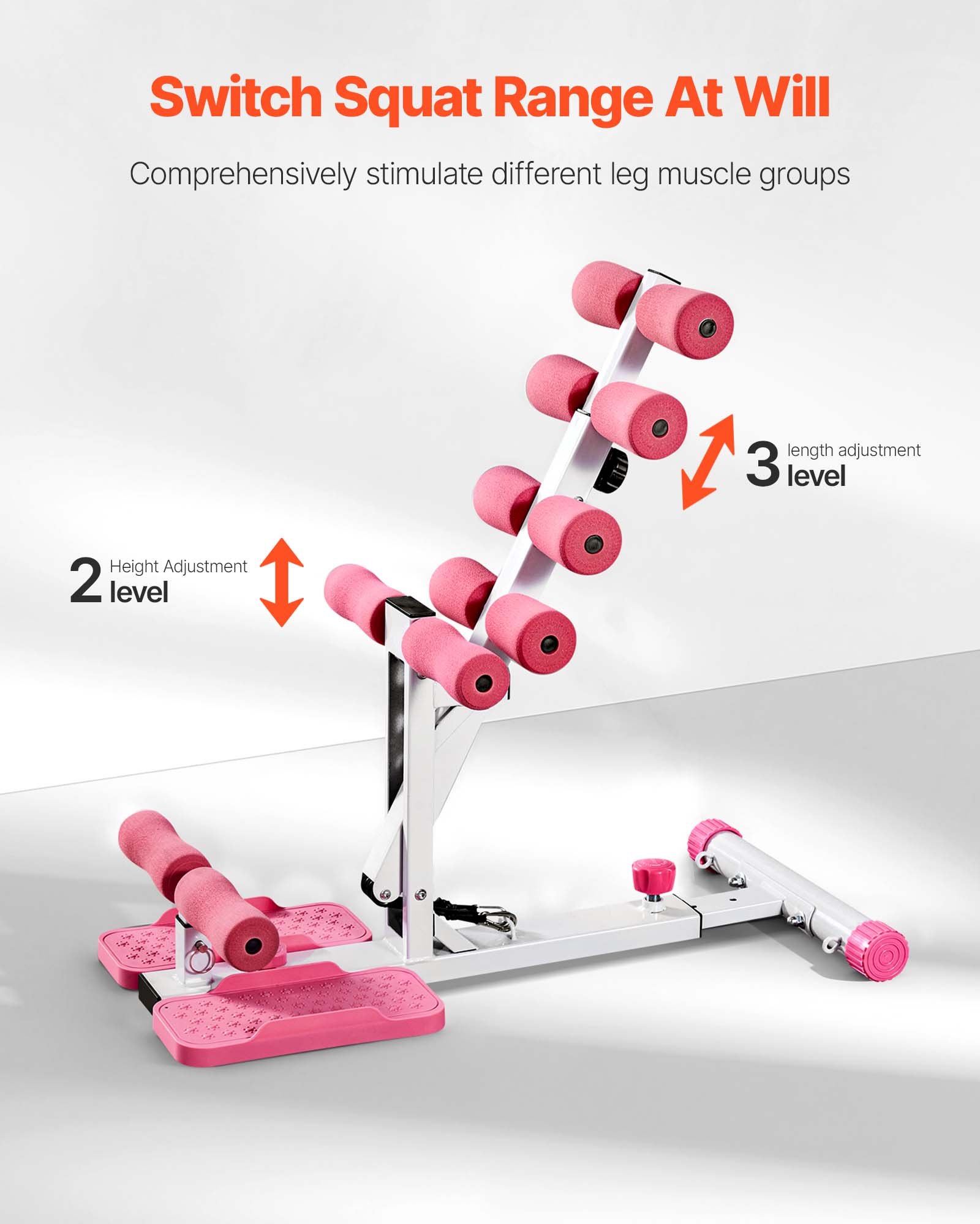 VEVOR Deep Squat Machine, Adjustable Glutes Trainer Machine with 3 High-Strength Resistance Bands, Folding Core Leg & Glutes Exercise Trainer, Push Up Workout Equipment at Home Gym, Pink + White