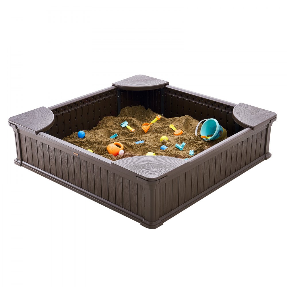 VEVOR Zandbak met deksel, vierkante zandbak, HDPE zandbak met 4 hoekbanken en vloermat, kinderzandbak, cadeau voor jongens en meisjes van 3-12 jaar, bruin