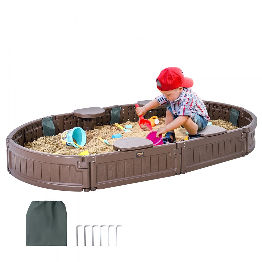 child playing in a VEVOR sandbox, surrounded by toys, with included accessories in the foreground.