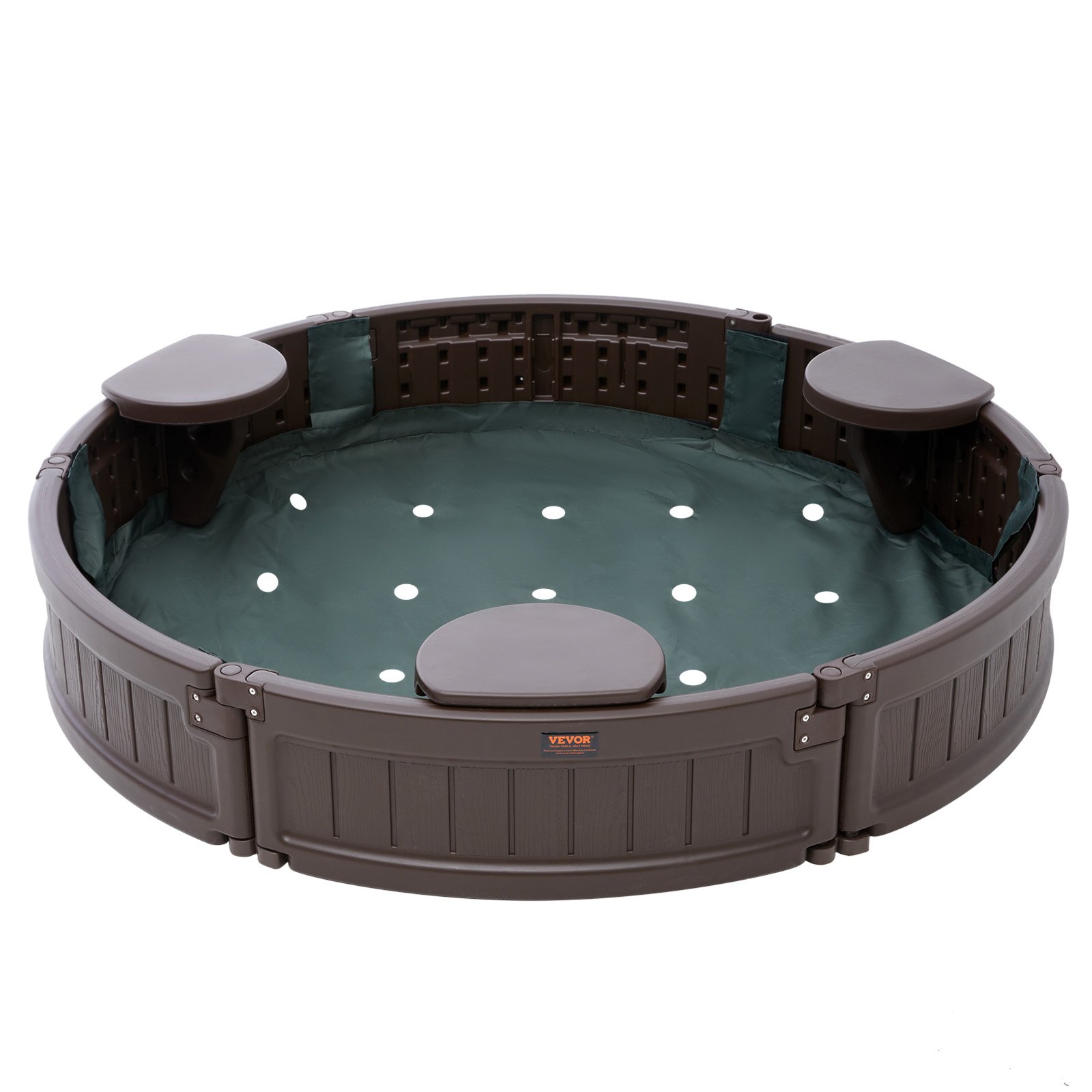 VEVOR Zandbak met deksel, ronde zandbak, HDPE zandbak met 3 hoekbanken en vloermat, kinderzandbak voor tuin, strand, voor jongens en meisjes van 3-12 jaar, bruin