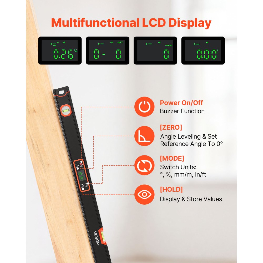 VEVOR digitale waterpas met lcd-display, 120 cm rechte waterpas met 3 libellen (90°/45°/0°), magnetische metselaarswaterpas met IP54 waterdichtheid en 2 batterijen, 360° meetinstrument voor bouwplaatsen en huisrenovaties.