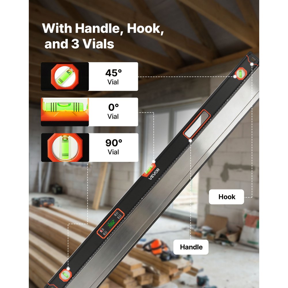 VEVOR digitale waterpas met lcd-display, 120 cm rechte waterpas met 3 libellen (90°/45°/0°), magnetische metselaarswaterpas met IP54 waterdichtheid en 2 batterijen, 360° meetinstrument voor bouwplaatsen en huisrenovaties.