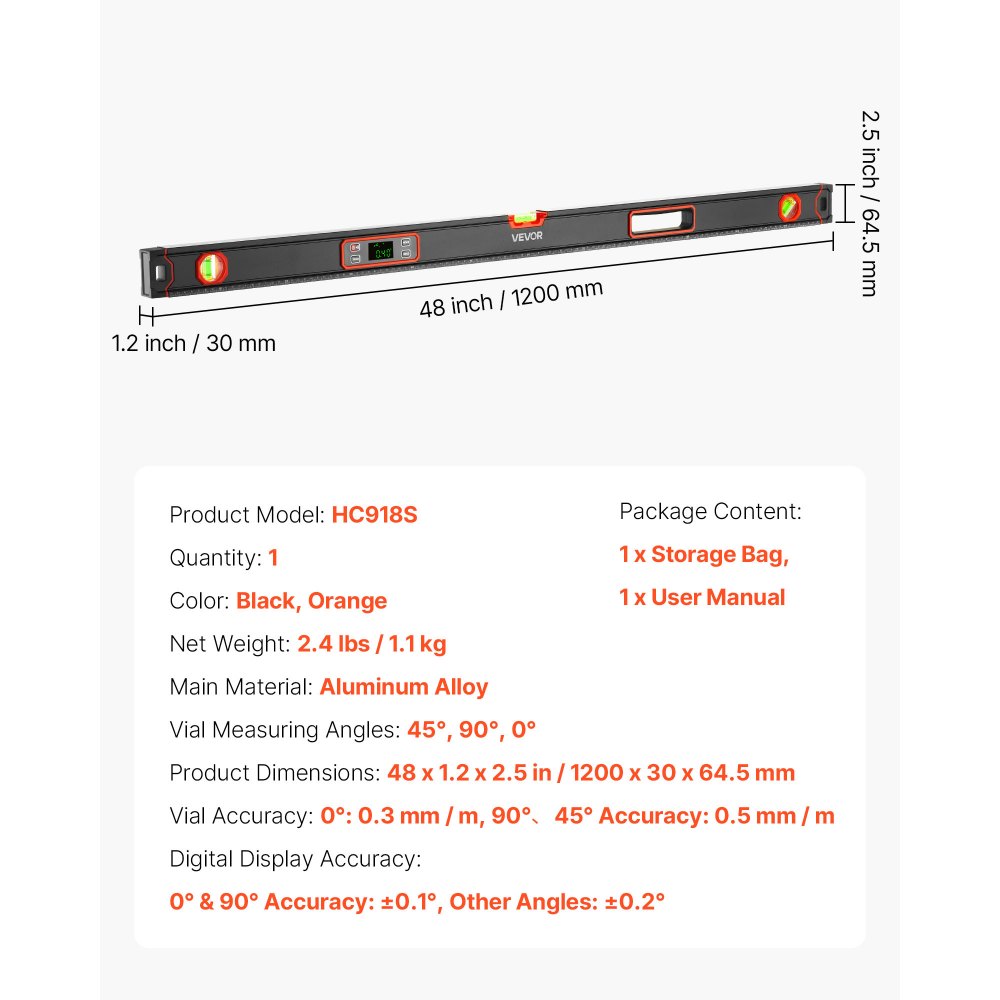 VEVOR digitale waterpas met lcd-display, 120 cm rechte waterpas met 3 libellen (90°/45°/0°), magnetische metselaarswaterpas met IP54 waterdichtheid en 2 batterijen, 360° meetinstrument voor bouwplaatsen en huisrenovaties.